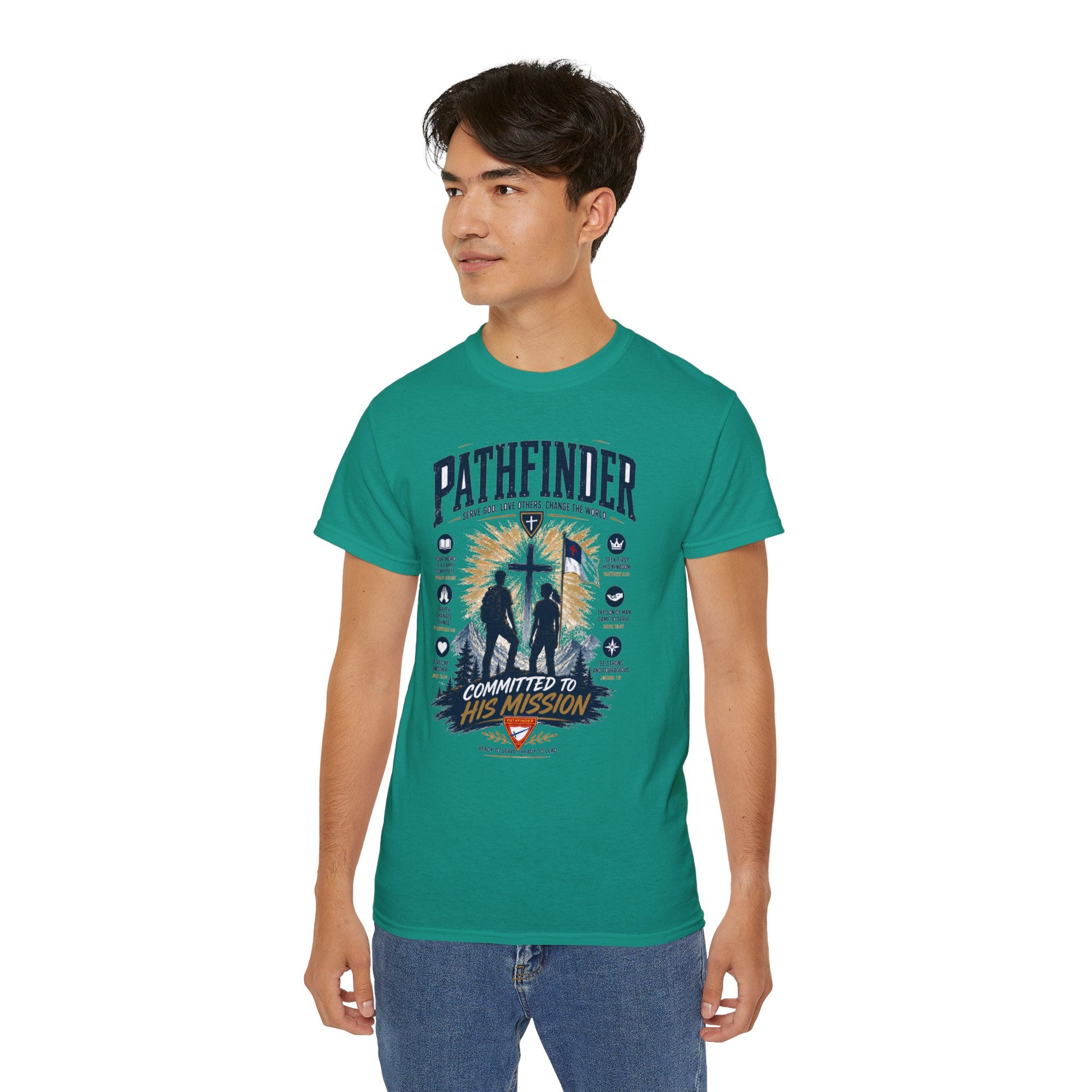 Pathfinder committed to his mission T-Shirt | Christian cross silhouette, faith badge design