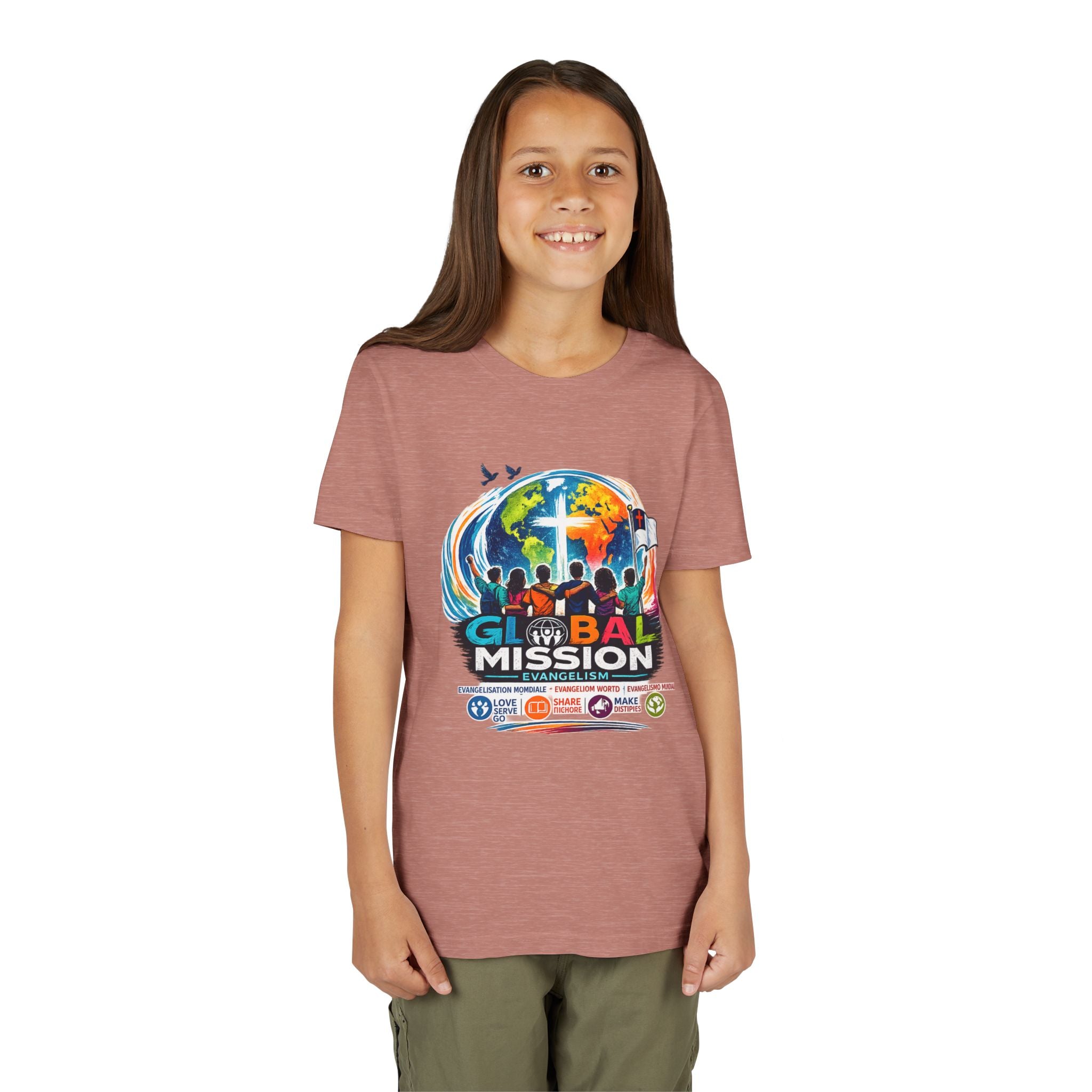 Youth Tee — Global Mission Kids Christian T‑Shirt with Cross & World Design