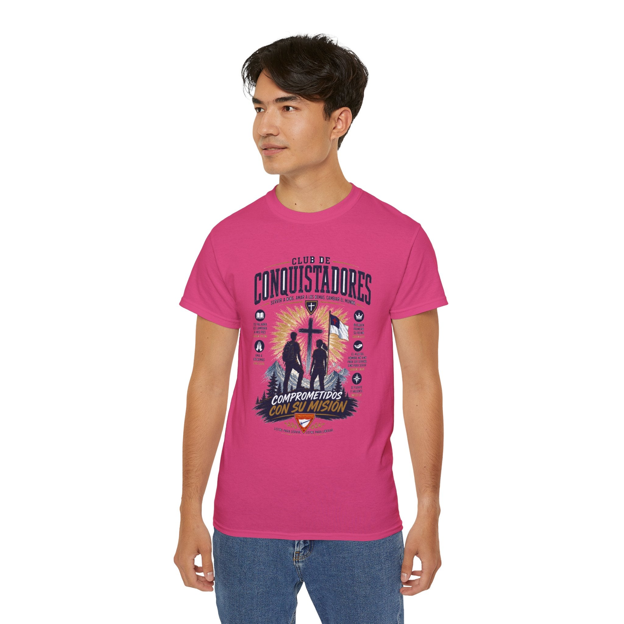Conquistadores comprometido con su misión T-Shirt | Silueta de cruz cristiana, diseño de insignia de fe