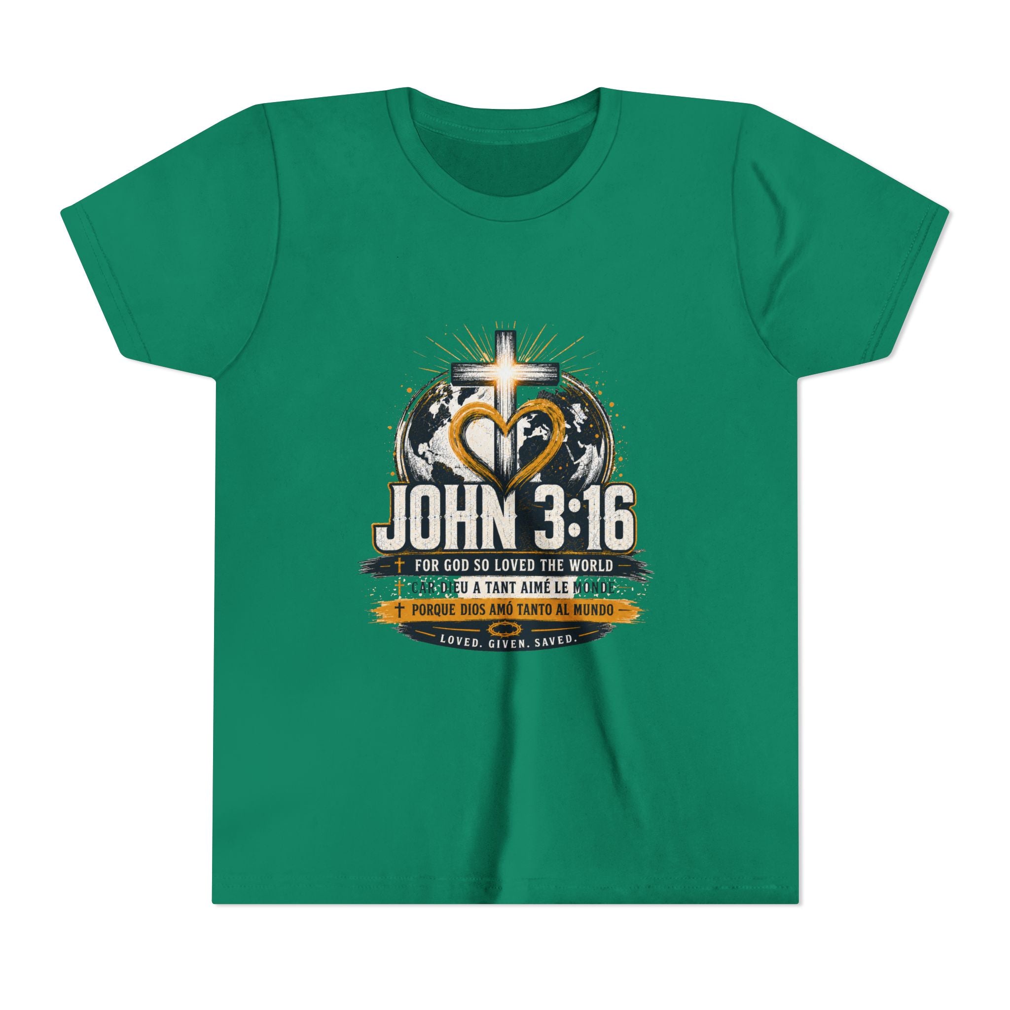 John 3:16 Youth Tee — Christian Inspirational Kids Shirt with Cross & Globe Design