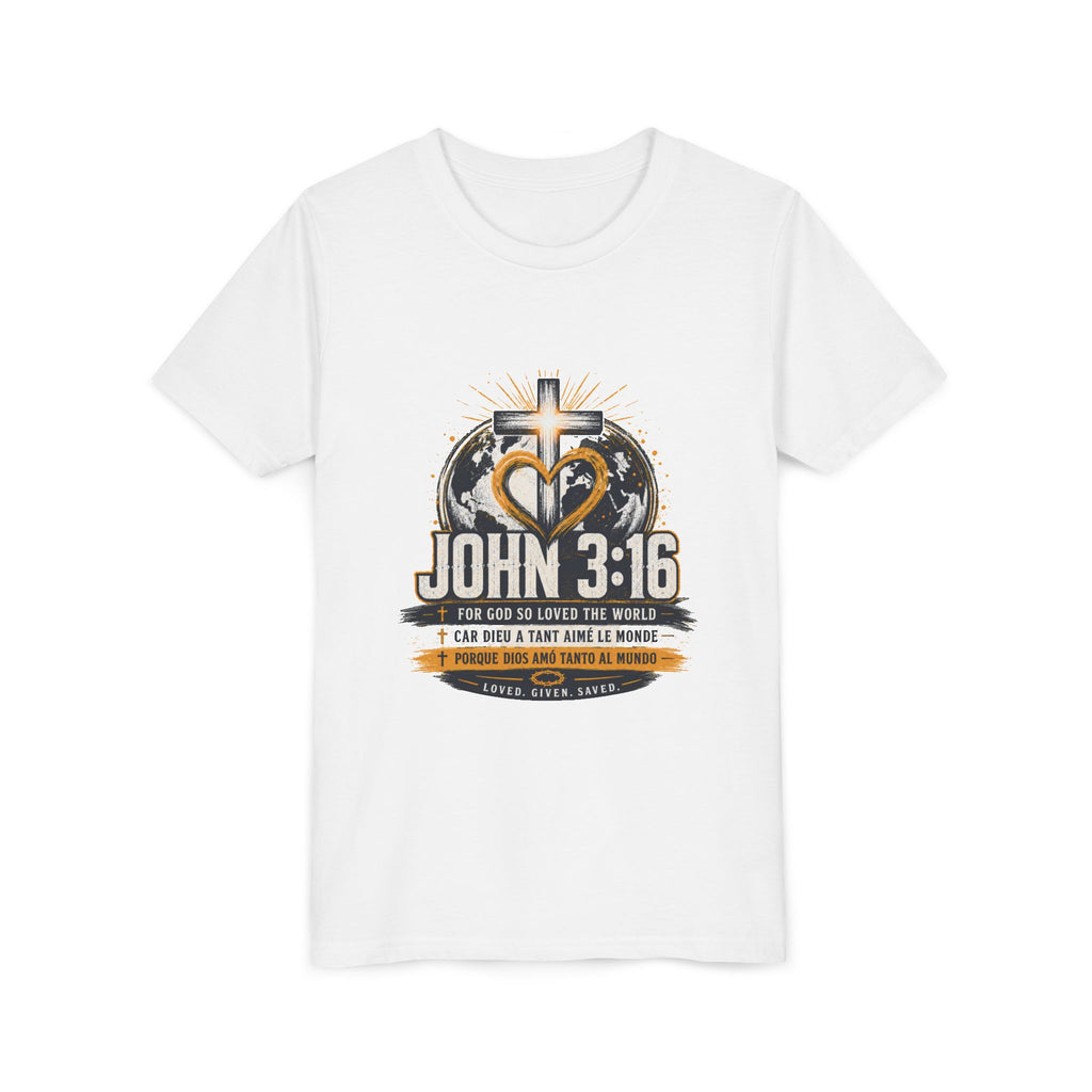 John 3:16 Youth Tee — Christian Inspirational Kids Shirt with Cross & Globe Design