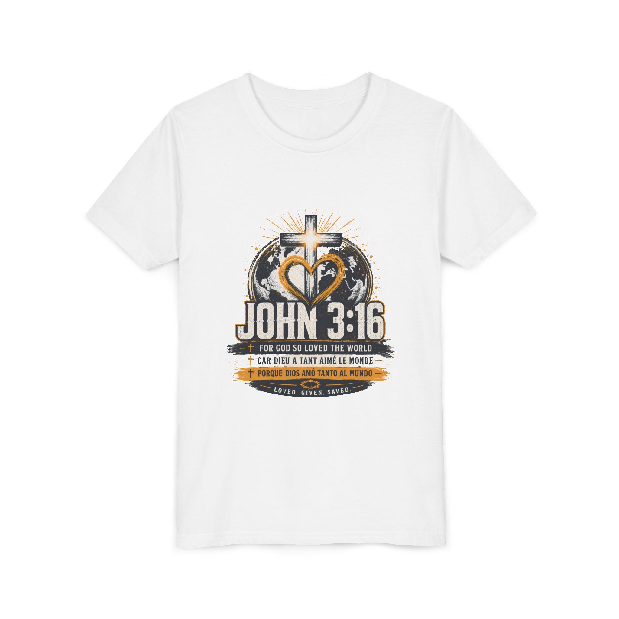 John 3:16 Youth Tee — Christian Inspirational Kids Shirt with Cross & Globe Design