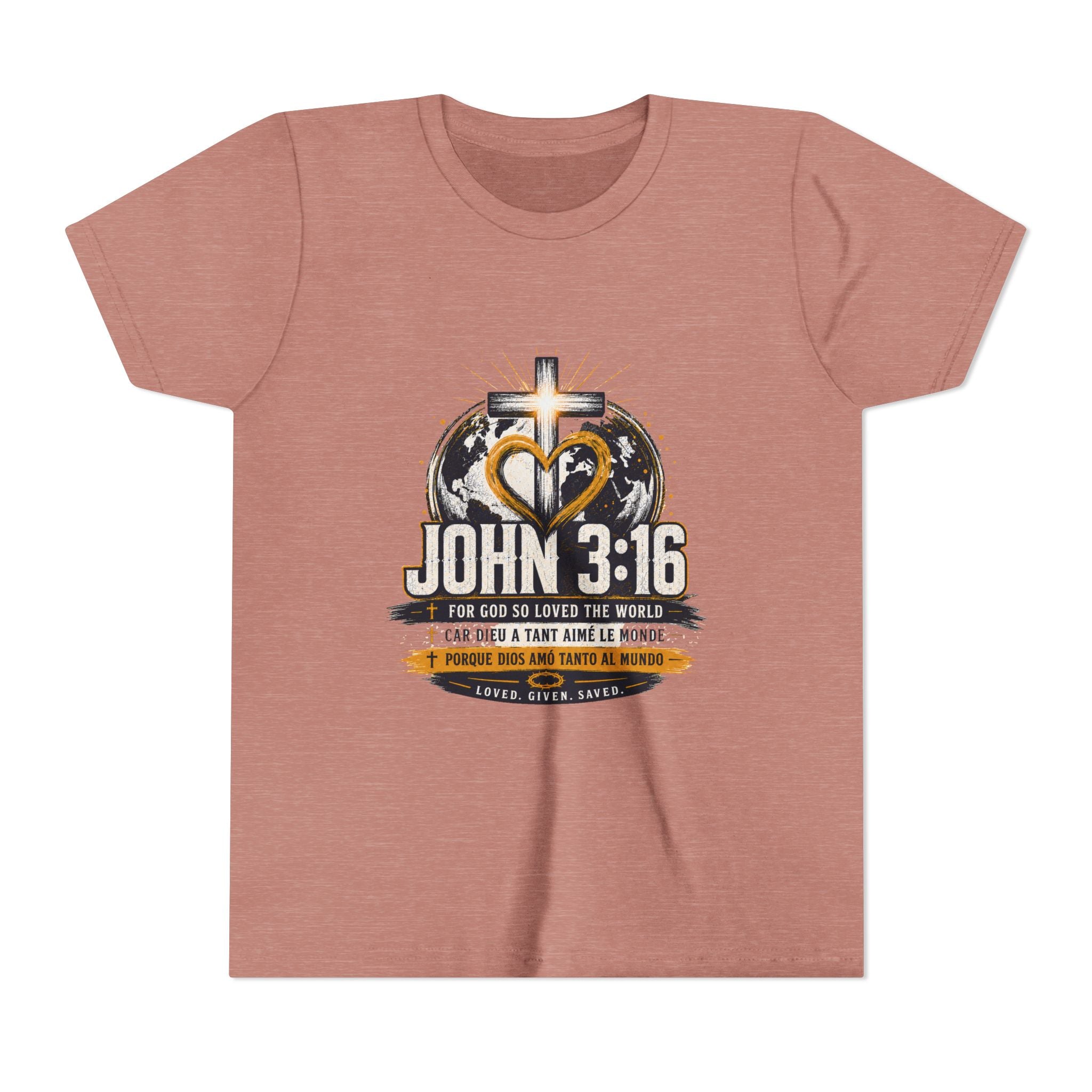 John 3:16 Youth Tee — Christian Inspirational Kids Shirt with Cross & Globe Design