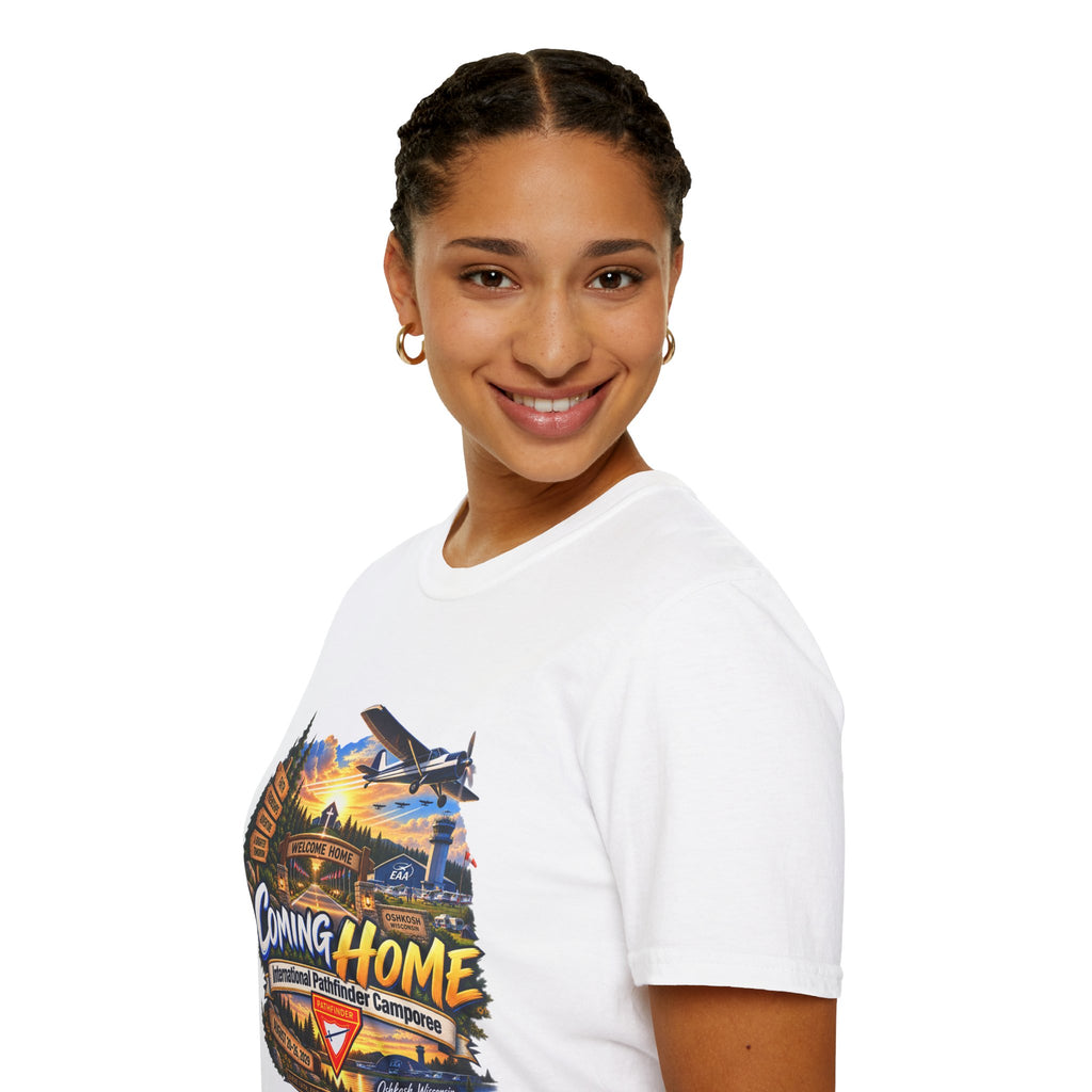 International Pathfinder Camporee 2029 (Stand Strong)- Coming Home T-Shirt — Vintage Airplane Sunset Travel Tee