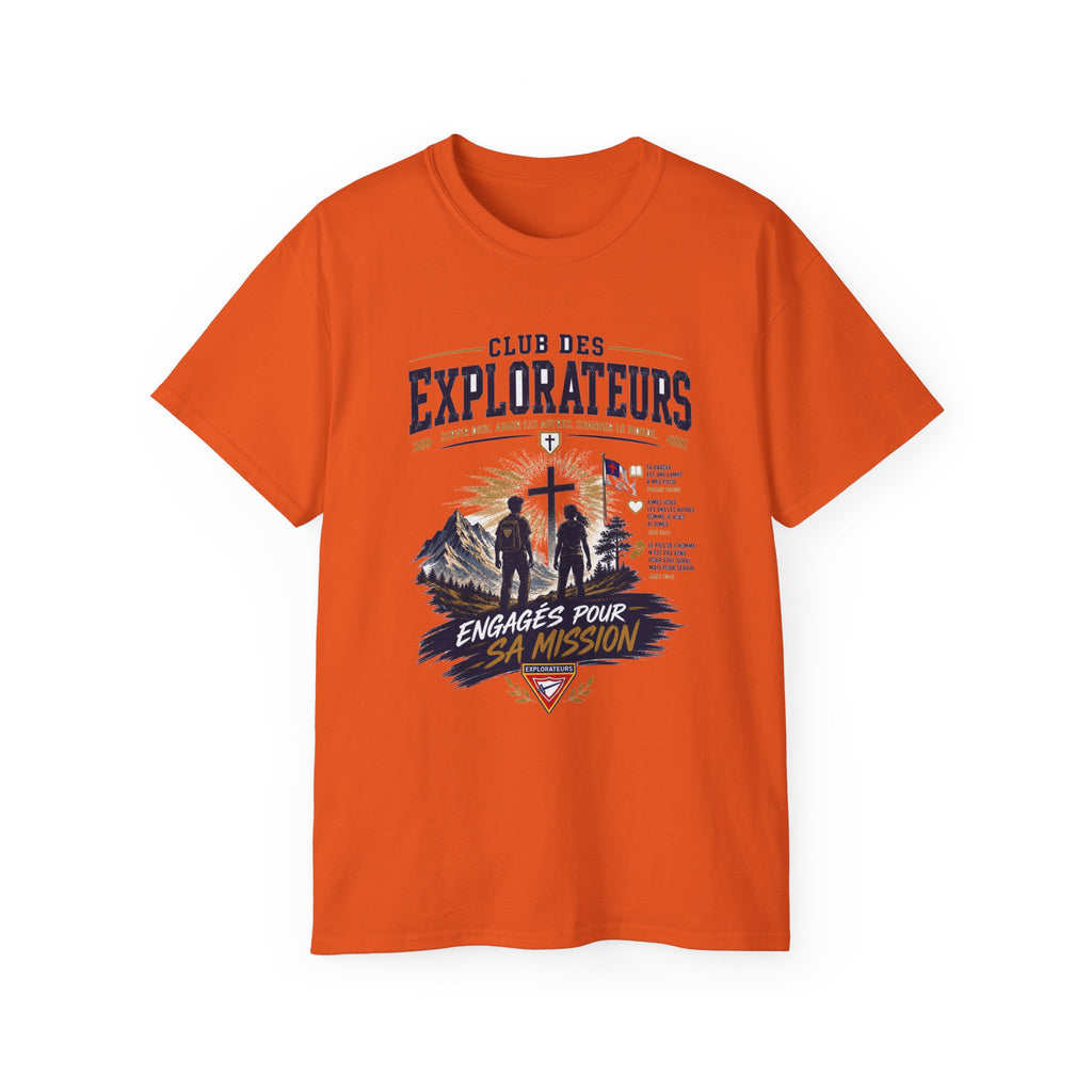 Explorateurs engagés dans leur mission T-shirt | Croix chrétienne silhouette, design d’insigne de foi