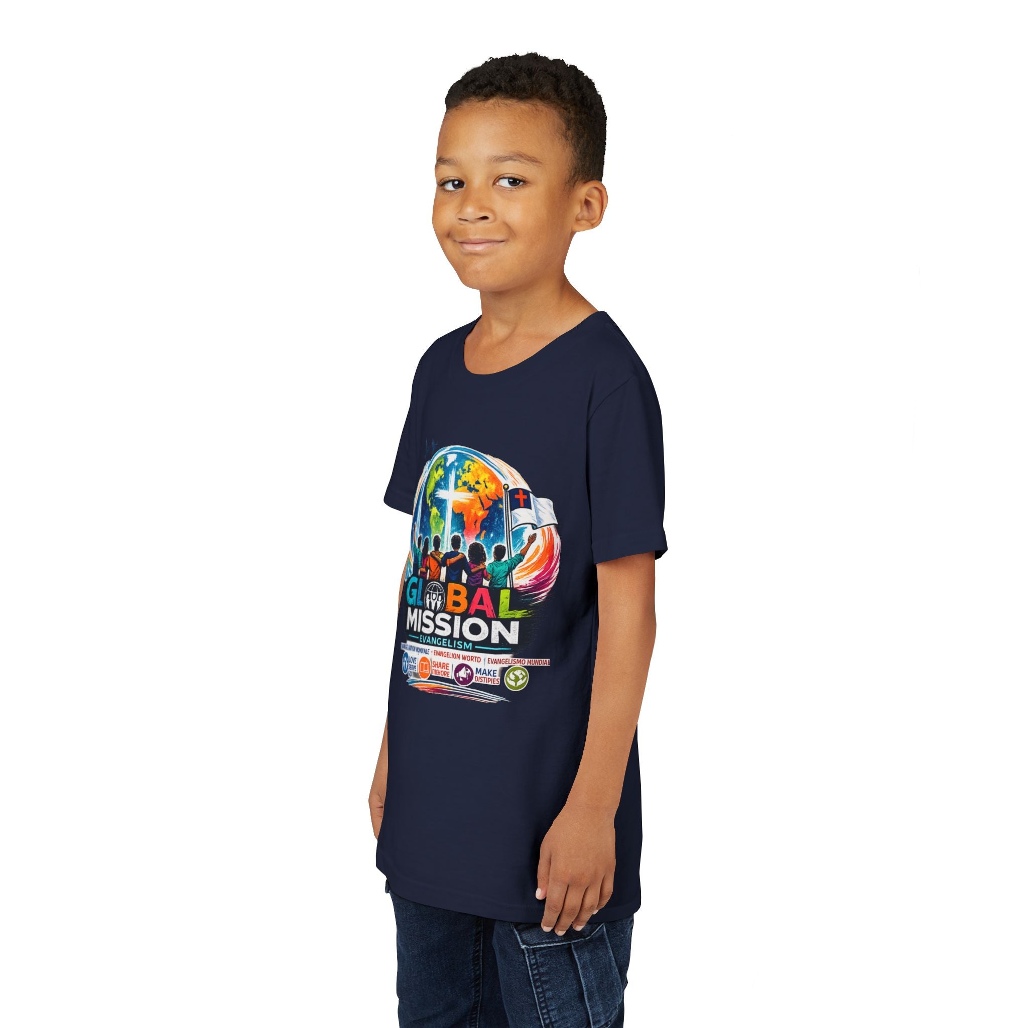 Youth Tee — Global Mission Kids Christian T‑Shirt with Cross & World Design