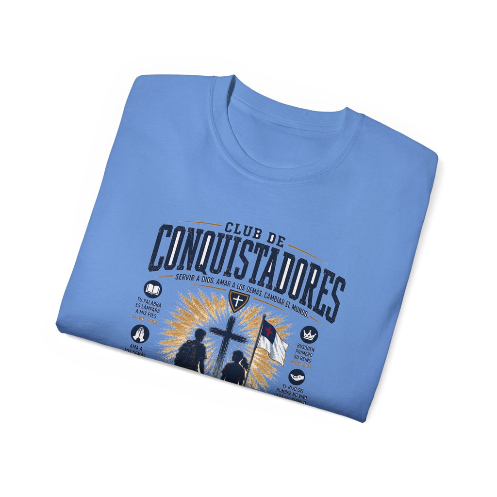 Conquistadores comprometido con su misión T-Shirt | Silueta de cruz cristiana, diseño de insignia de fe