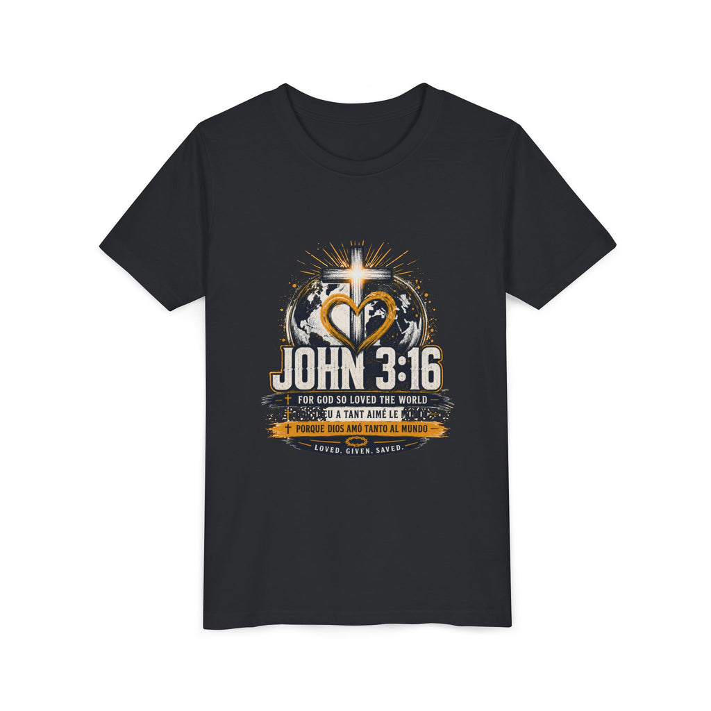 T-shirt pour jeune Jean 3:16 — T-shirt d'inspiration chrétienne pour enfants avec motif croix et globe