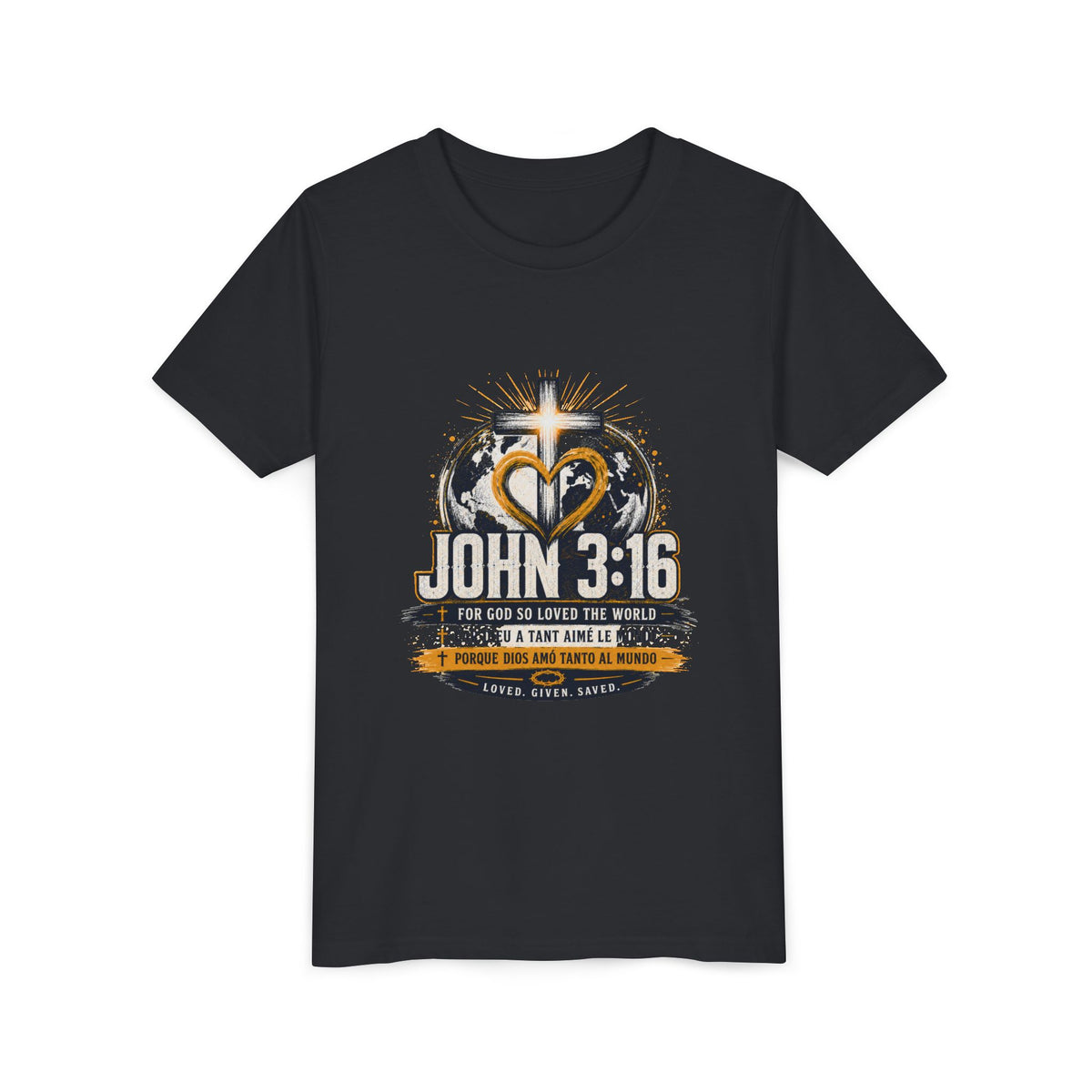 T-shirt pour jeune Jean 3:16 — T-shirt d'inspiration chrétienne pour enfants avec motif croix et globe