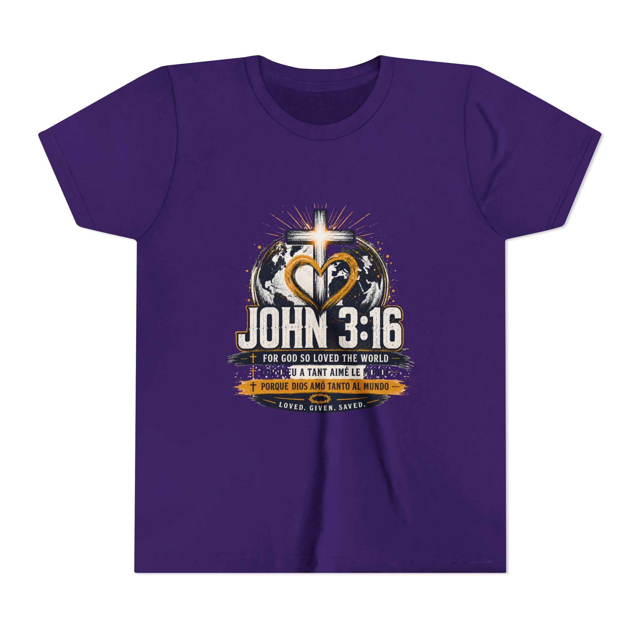 John 3:16 Youth Tee — Christian Inspirational Kids Shirt with Cross & Globe Design