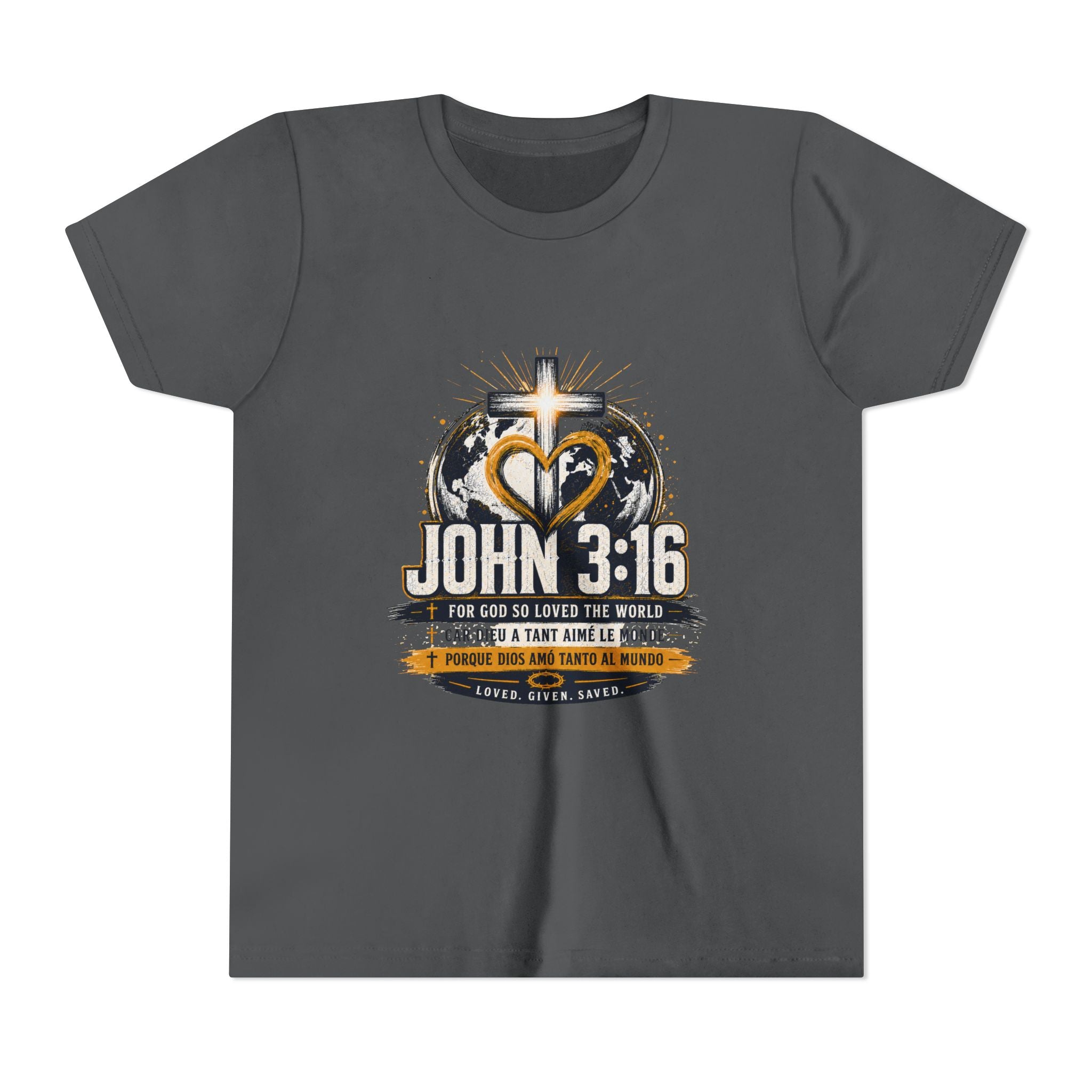 John 3:16 Youth Tee — Christian Inspirational Kids Shirt with Cross & Globe Design