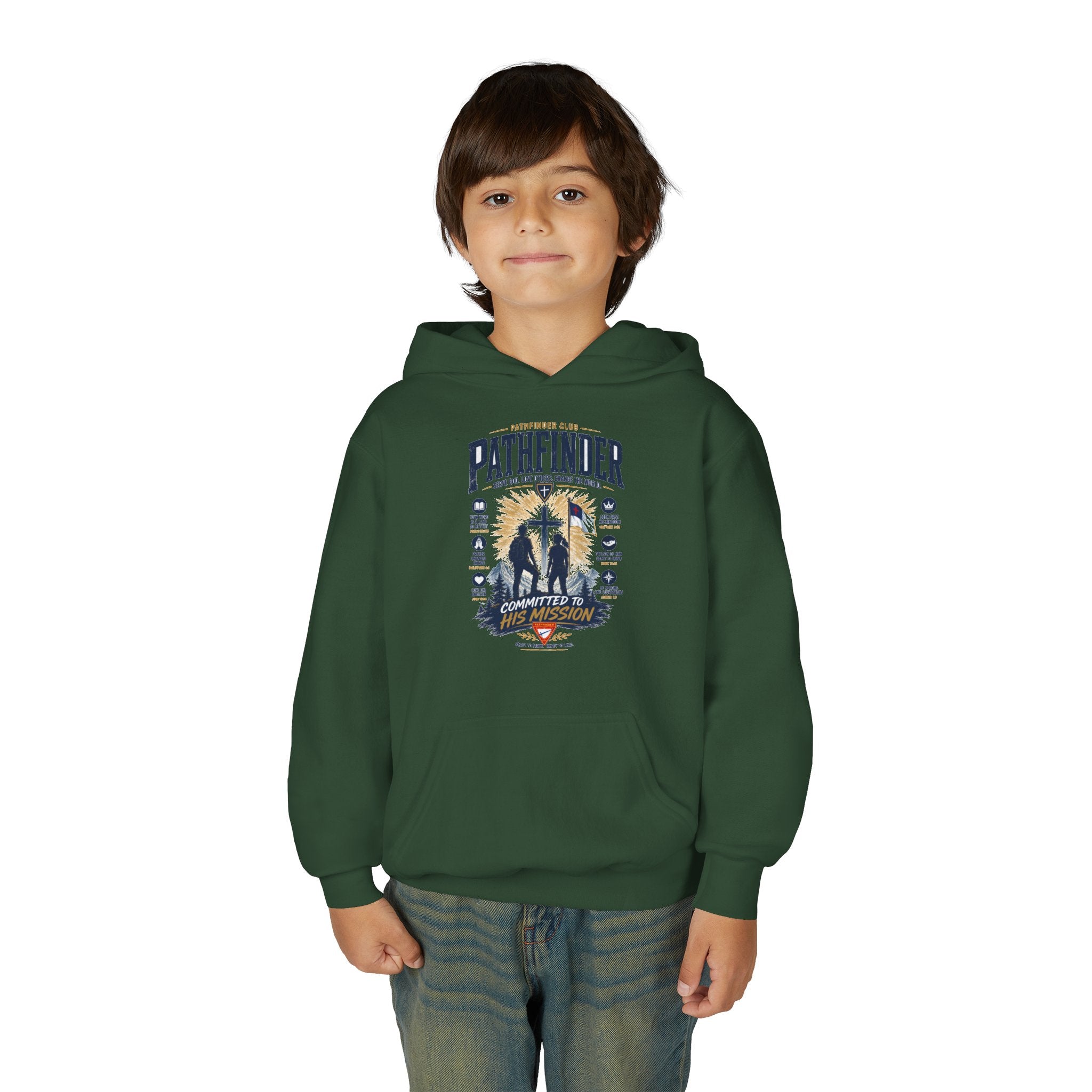 Pathfinder Cross Silhouette youth hoodie | Christian scout adventure design