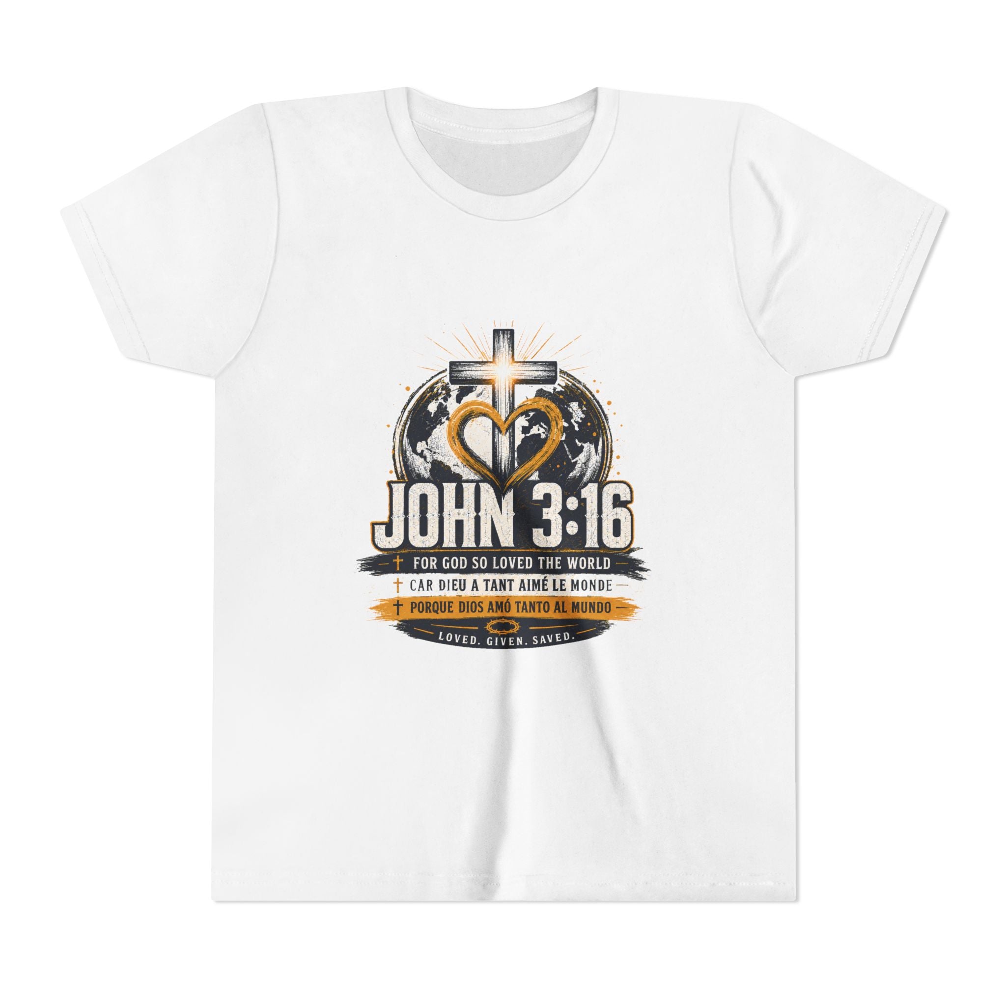 John 3:16 Youth Tee — Christian Inspirational Kids Shirt with Cross & Globe Design