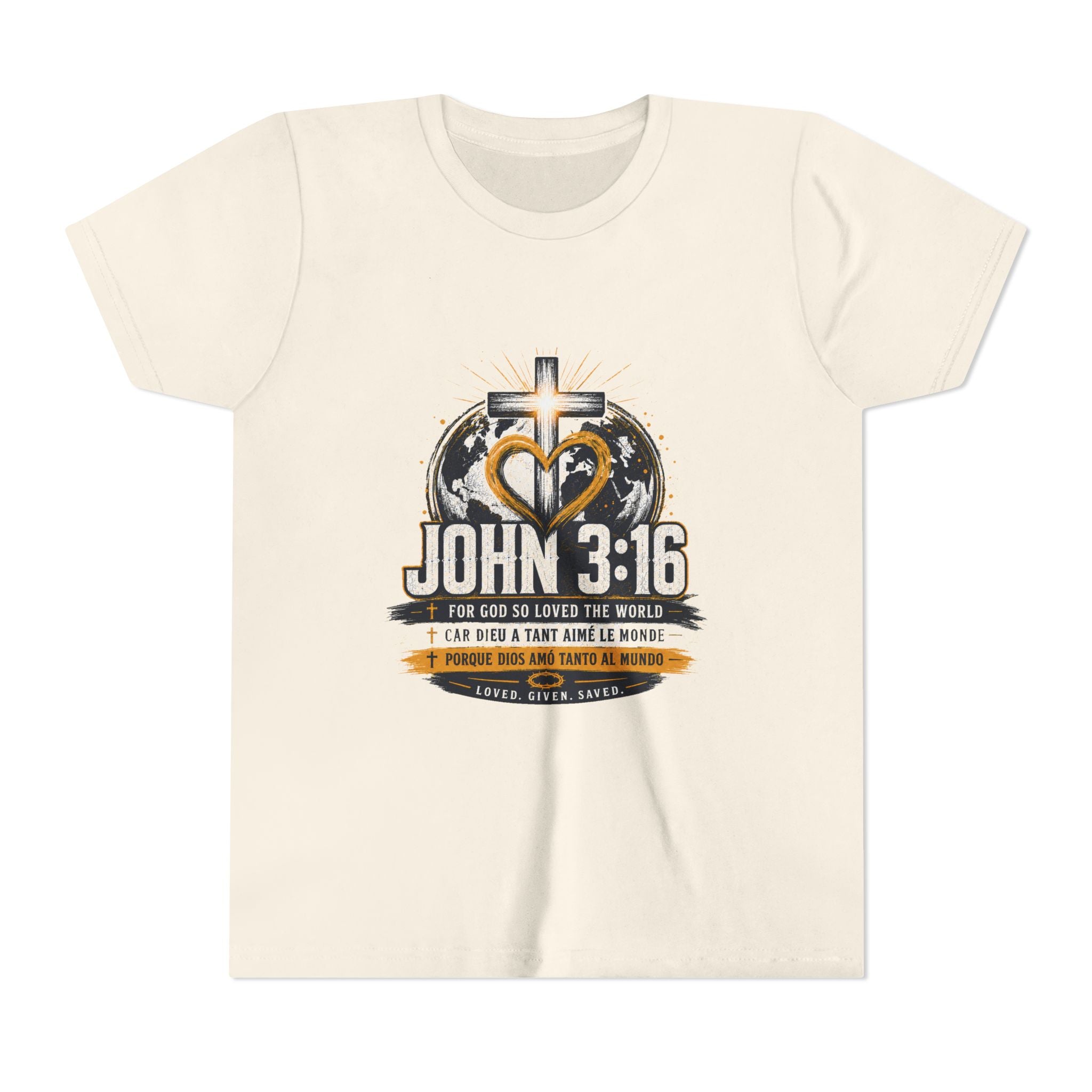 John 3:16 Youth Tee — Christian Inspirational Kids Shirt with Cross & Globe Design