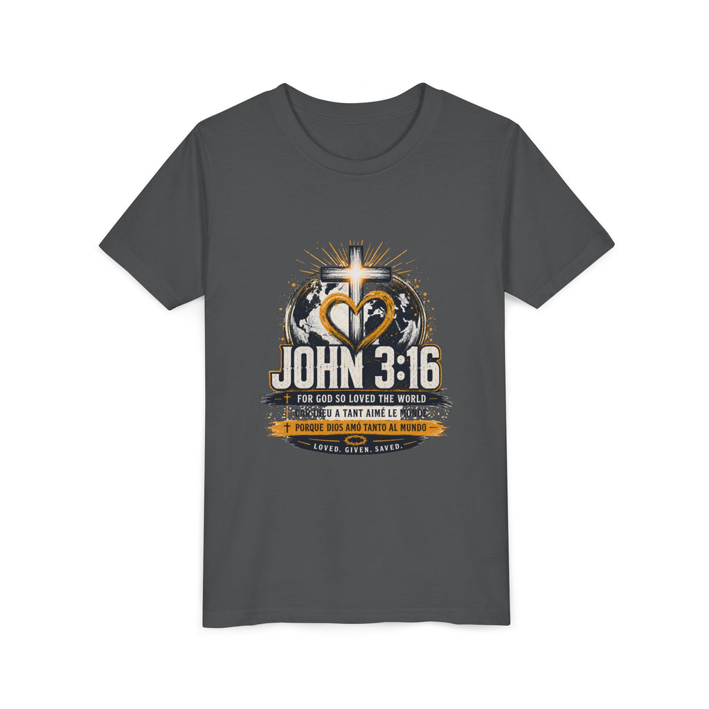 T-shirt pour jeune Jean 3:16 — T-shirt d'inspiration chrétienne pour enfants avec motif croix et globe