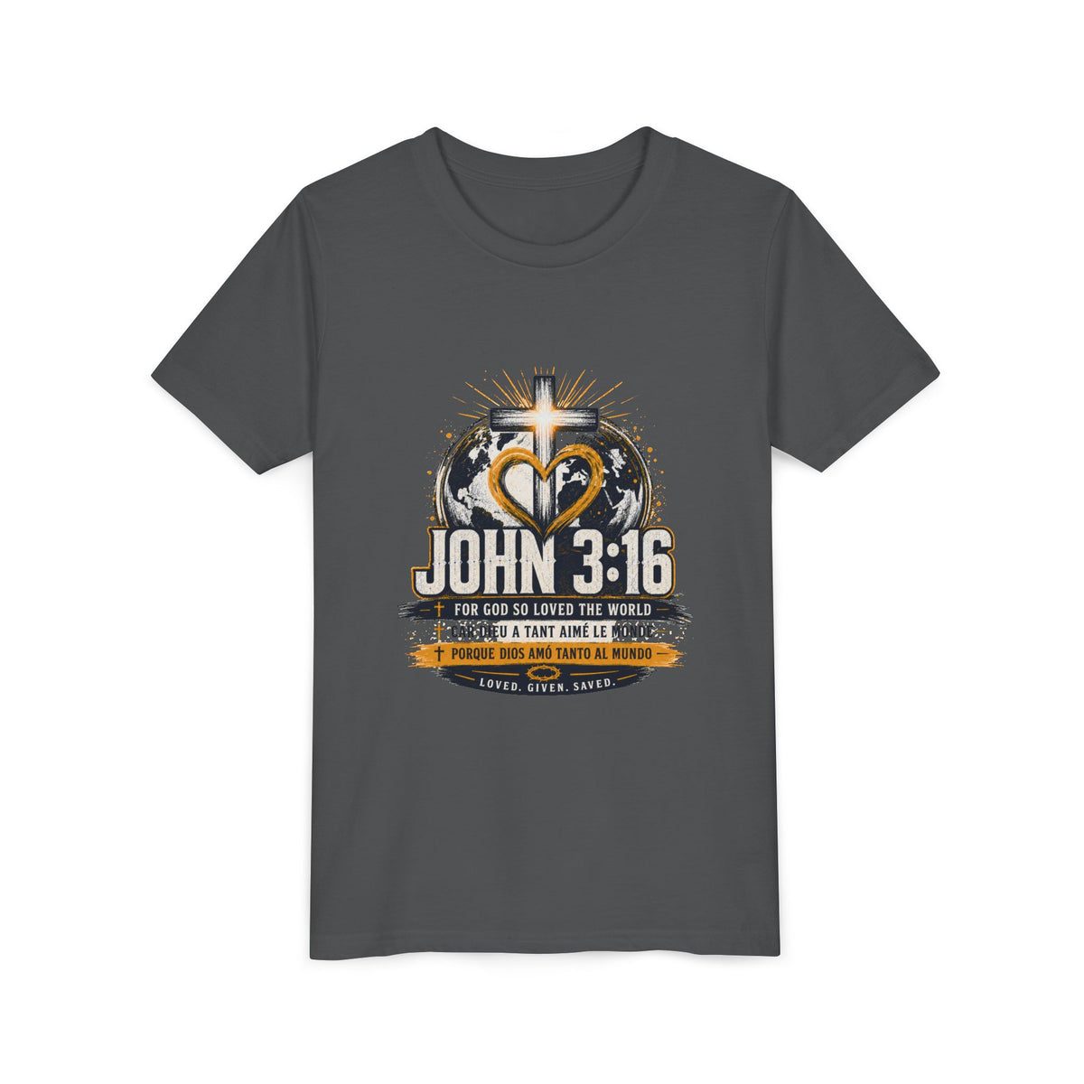 T-shirt pour jeune Jean 3:16 — T-shirt d'inspiration chrétienne pour enfants avec motif croix et globe