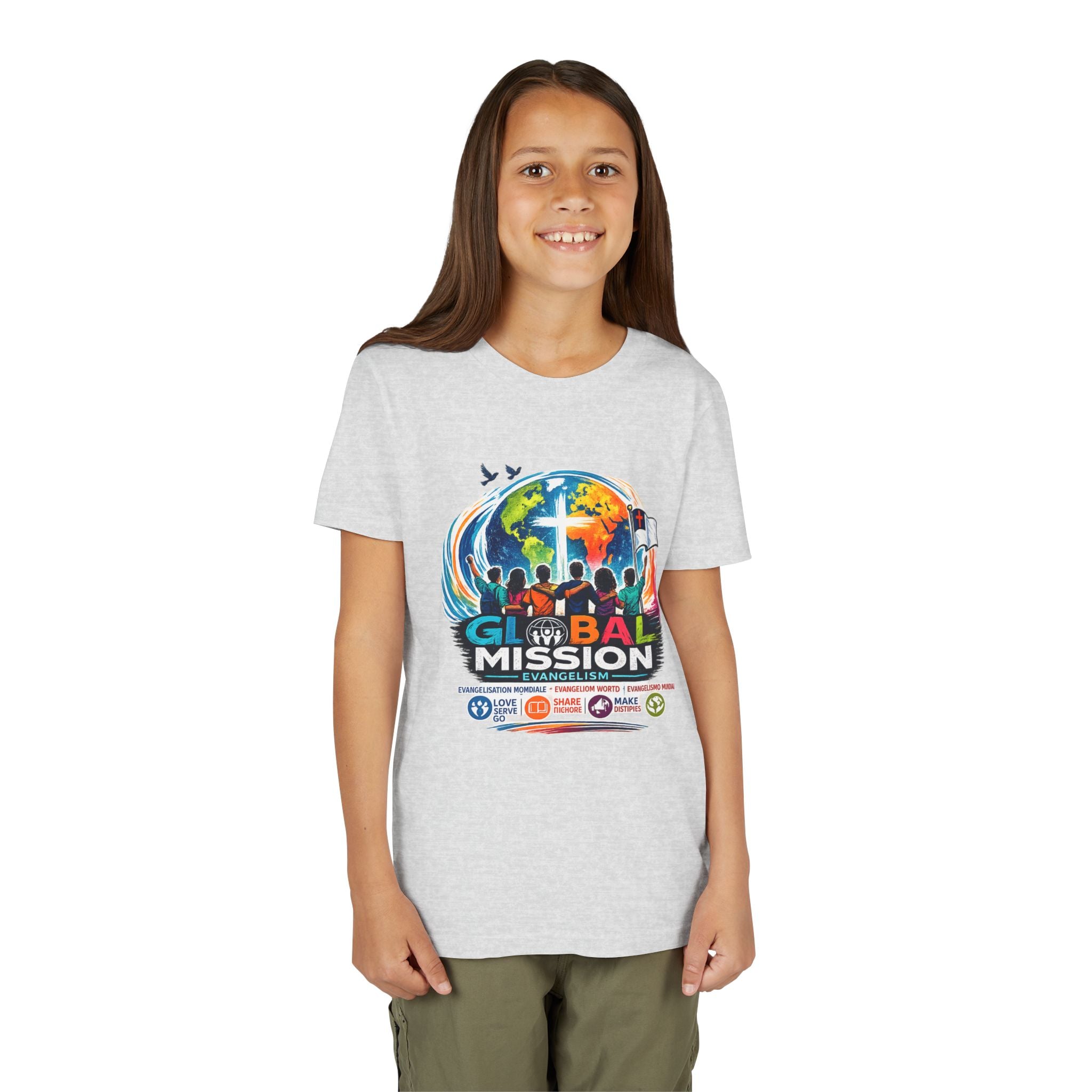 Youth Tee — Global Mission Kids Christian T‑Shirt with Cross & World Design