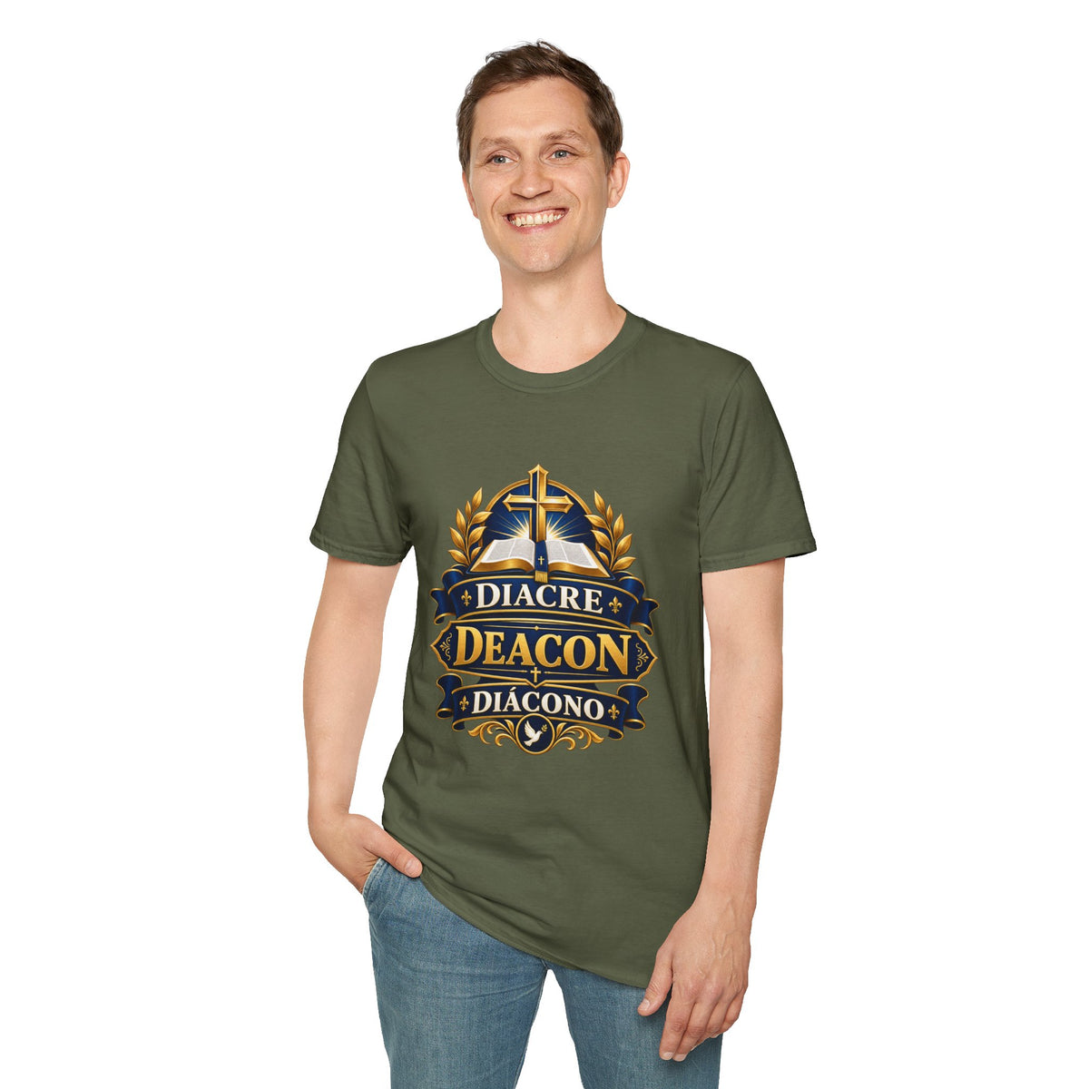 Deacon Faith T-Shirt — 'Diacre' Church Cross & Bible Emblem