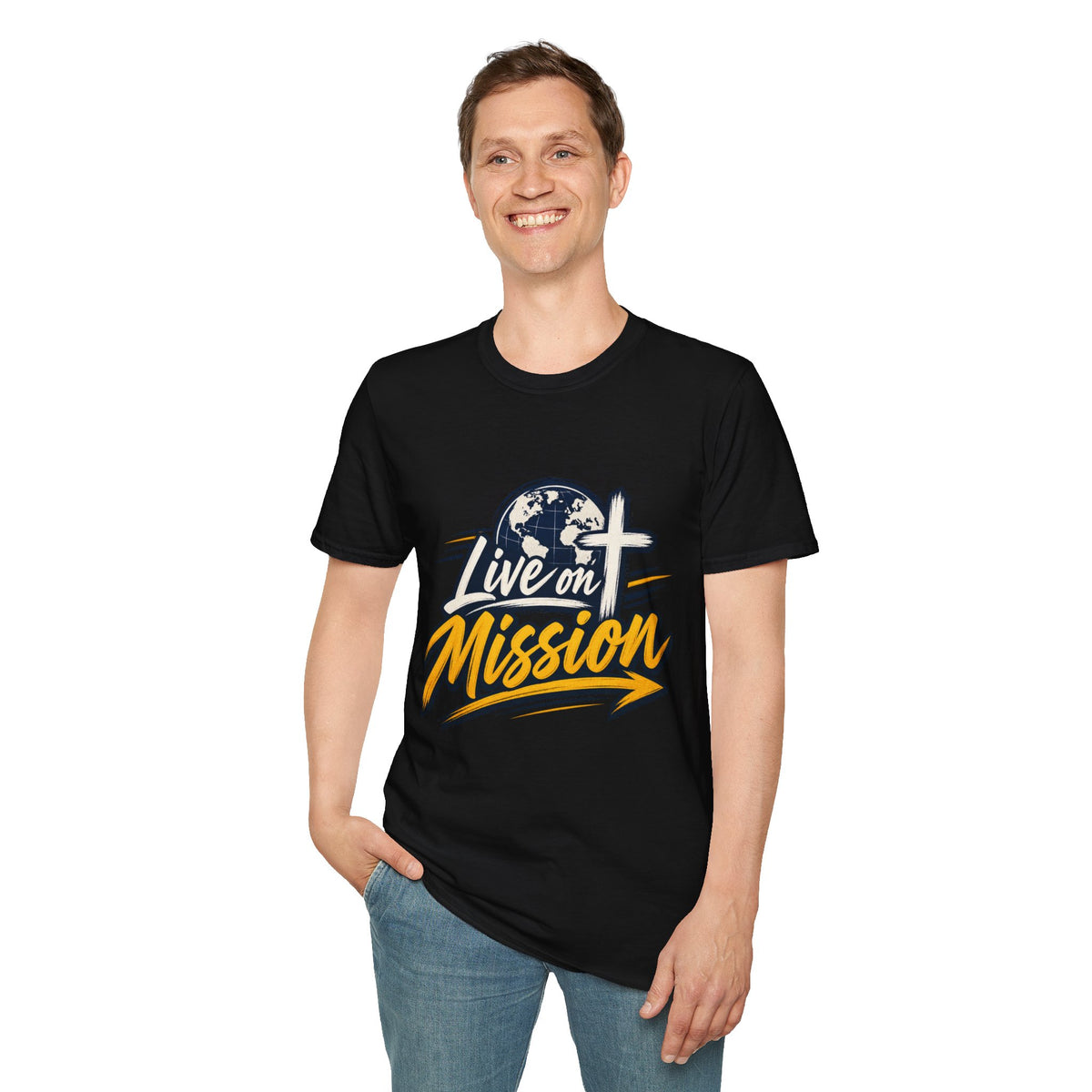 Live on Mission T-Shirt — Inspirational Christian Faith Tee with Globe & Cross Design