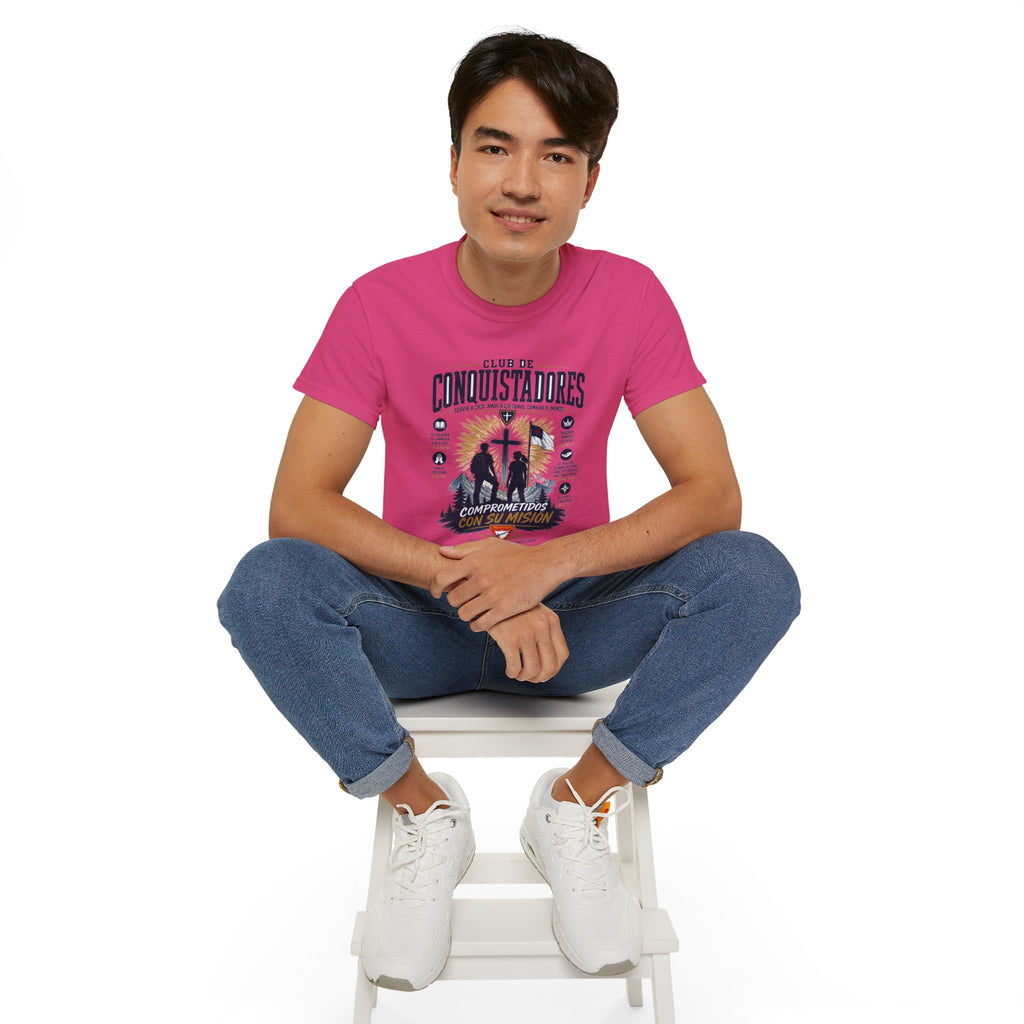 Conquistadores comprometido con su misión T-Shirt | Silueta de cruz cristiana, diseño de insignia de fe