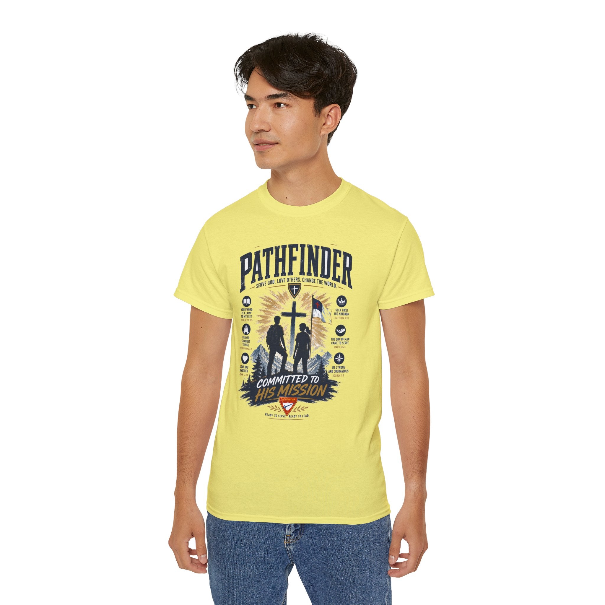Pathfinder committed to his mission T-Shirt | Christian cross silhouette, faith badge design