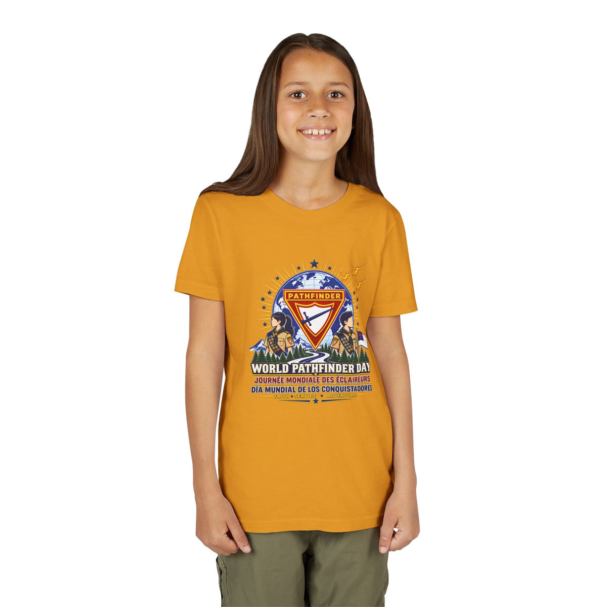 Youth Tee — World Pathfinder Day Badge Graphic (Trilingual)