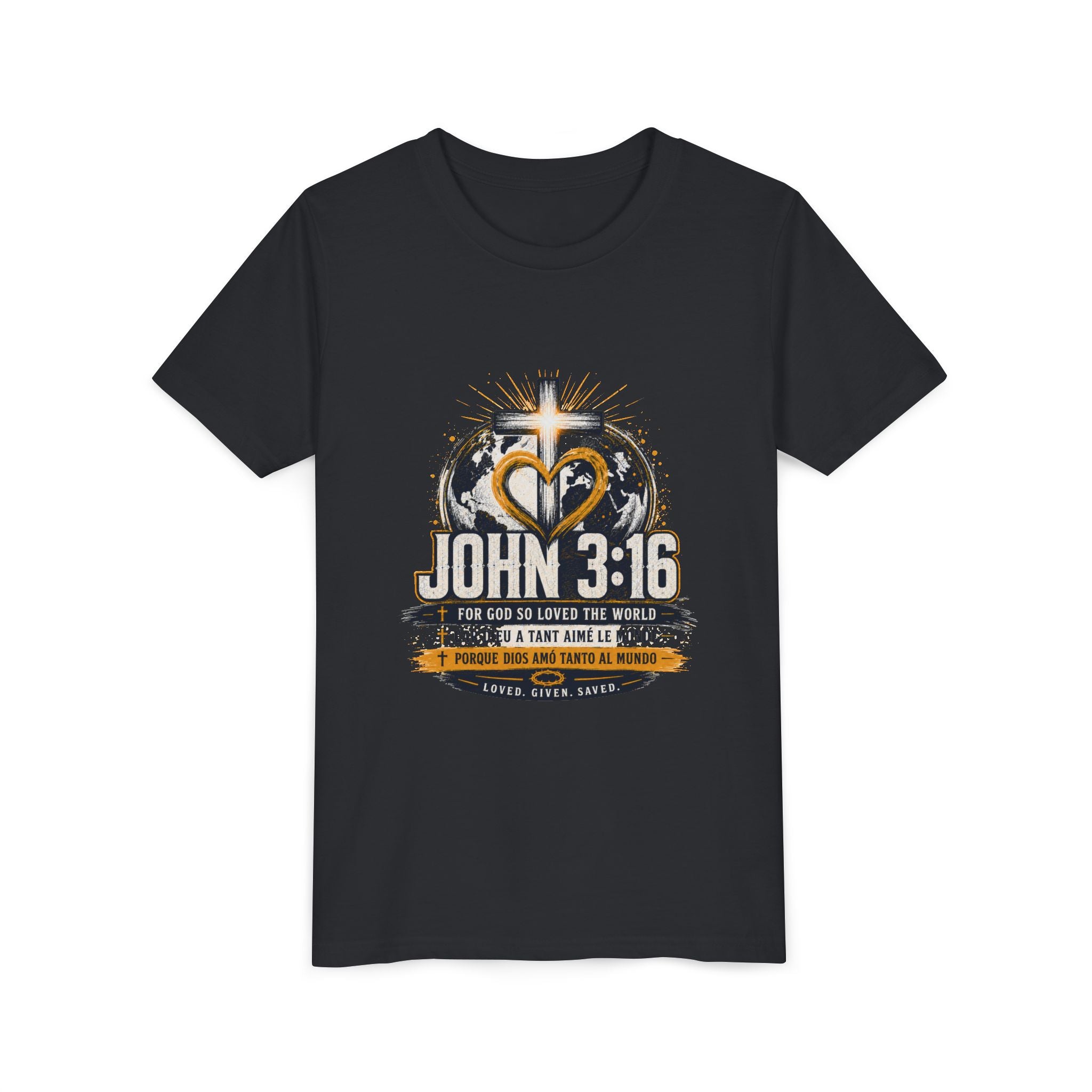 John 3:16 Youth Tee — Christian Inspirational Kids Shirt with Cross & Globe Design