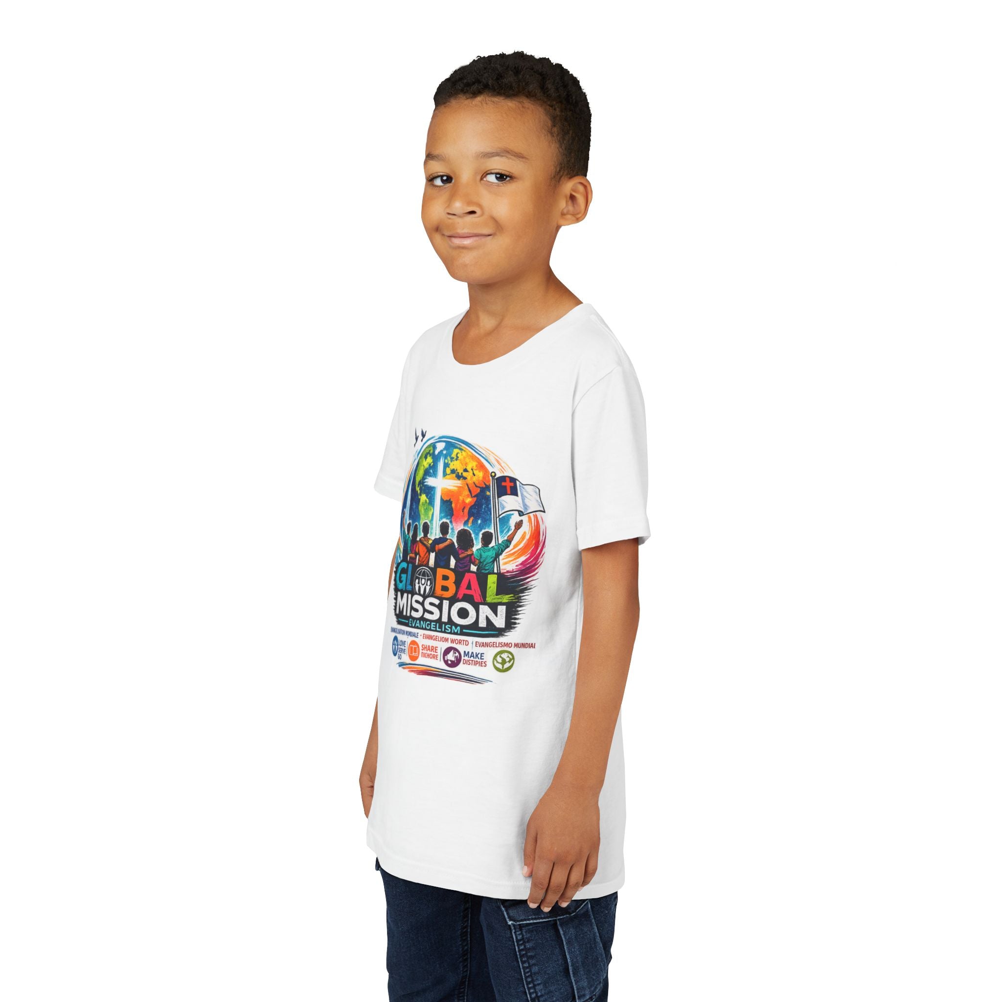Youth Tee — Global Mission Kids Christian T‑Shirt with Cross & World Design