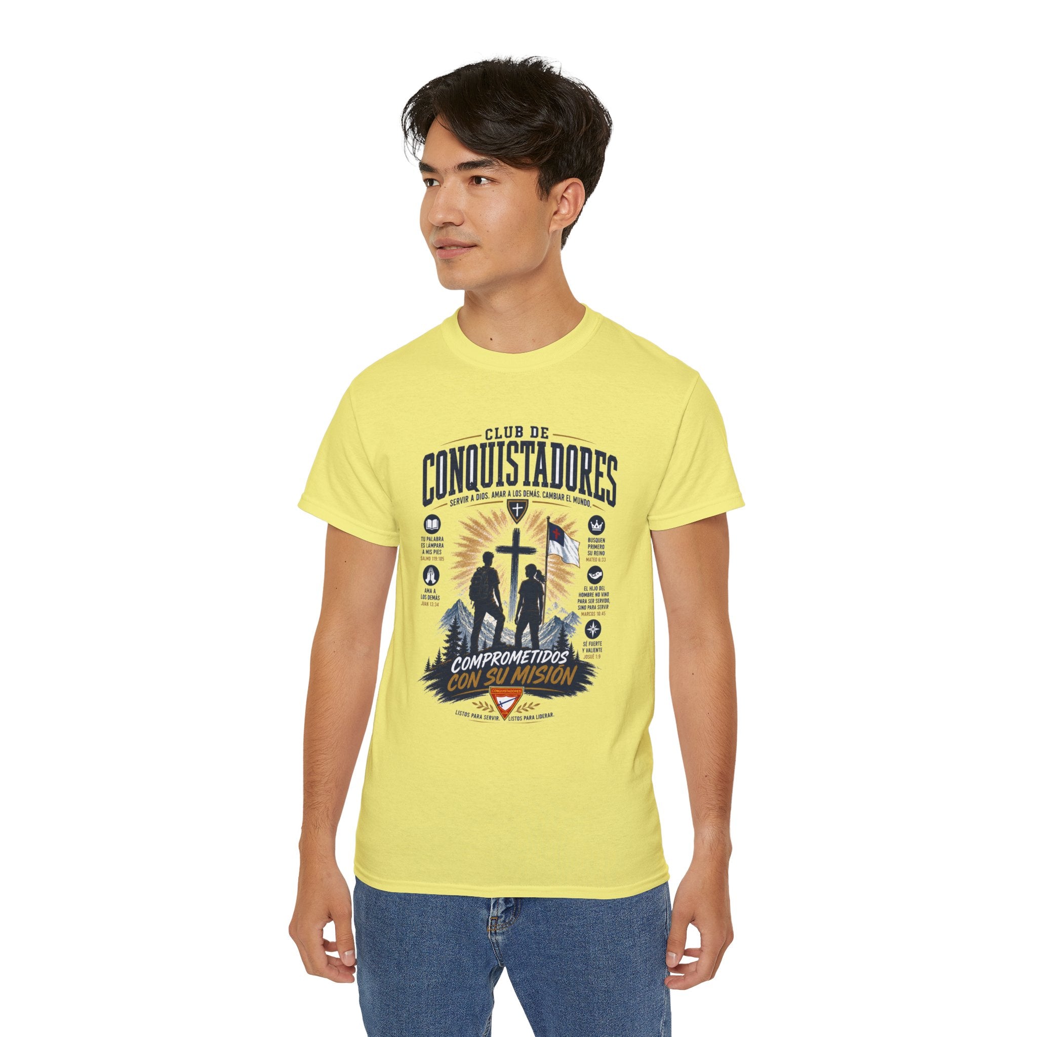 Conquistadores comprometido con su misión T-Shirt | Silueta de cruz cristiana, diseño de insignia de fe