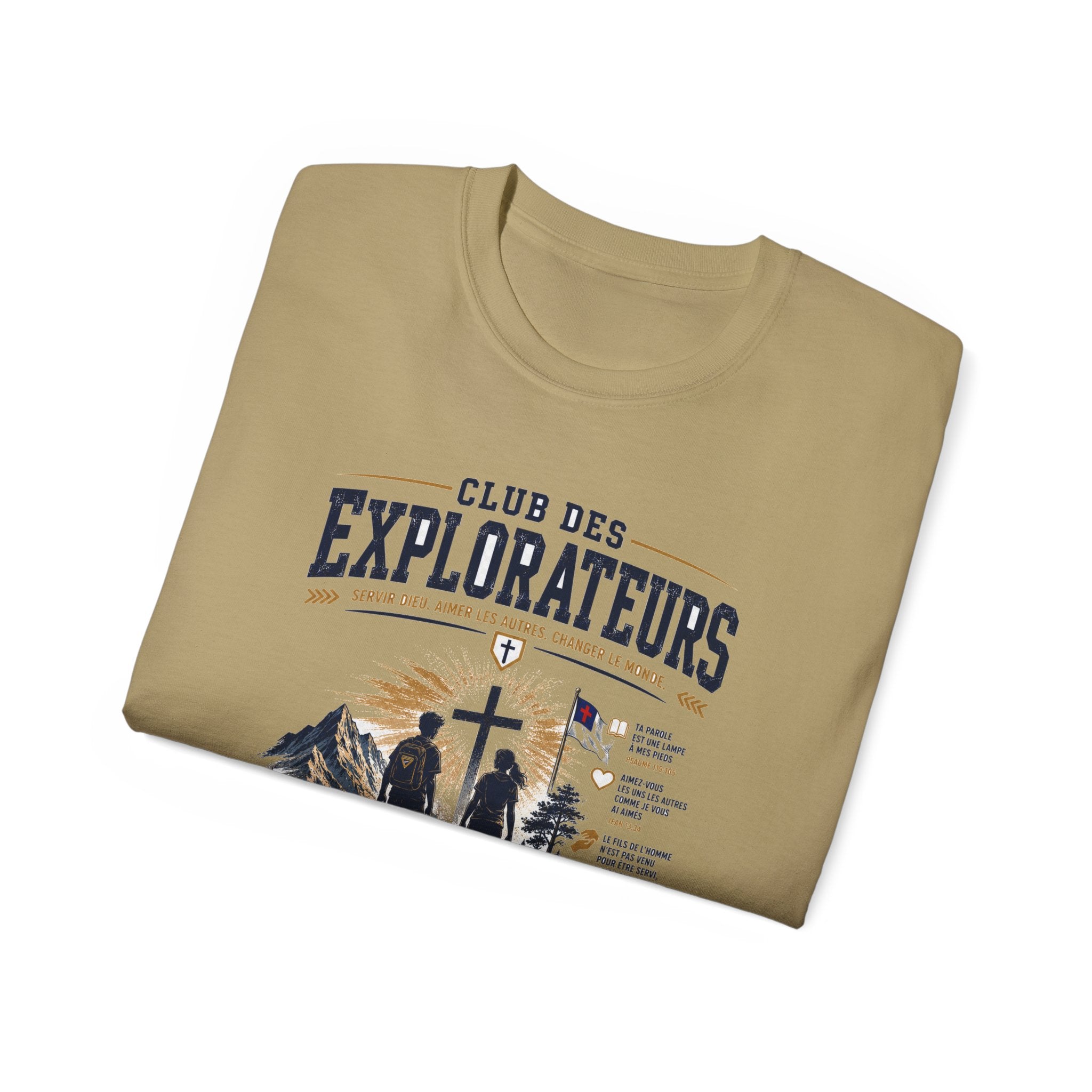 Explorateurs engagés dans leur mission T-shirt | Croix chrétienne silhouette, design d’insigne de foi