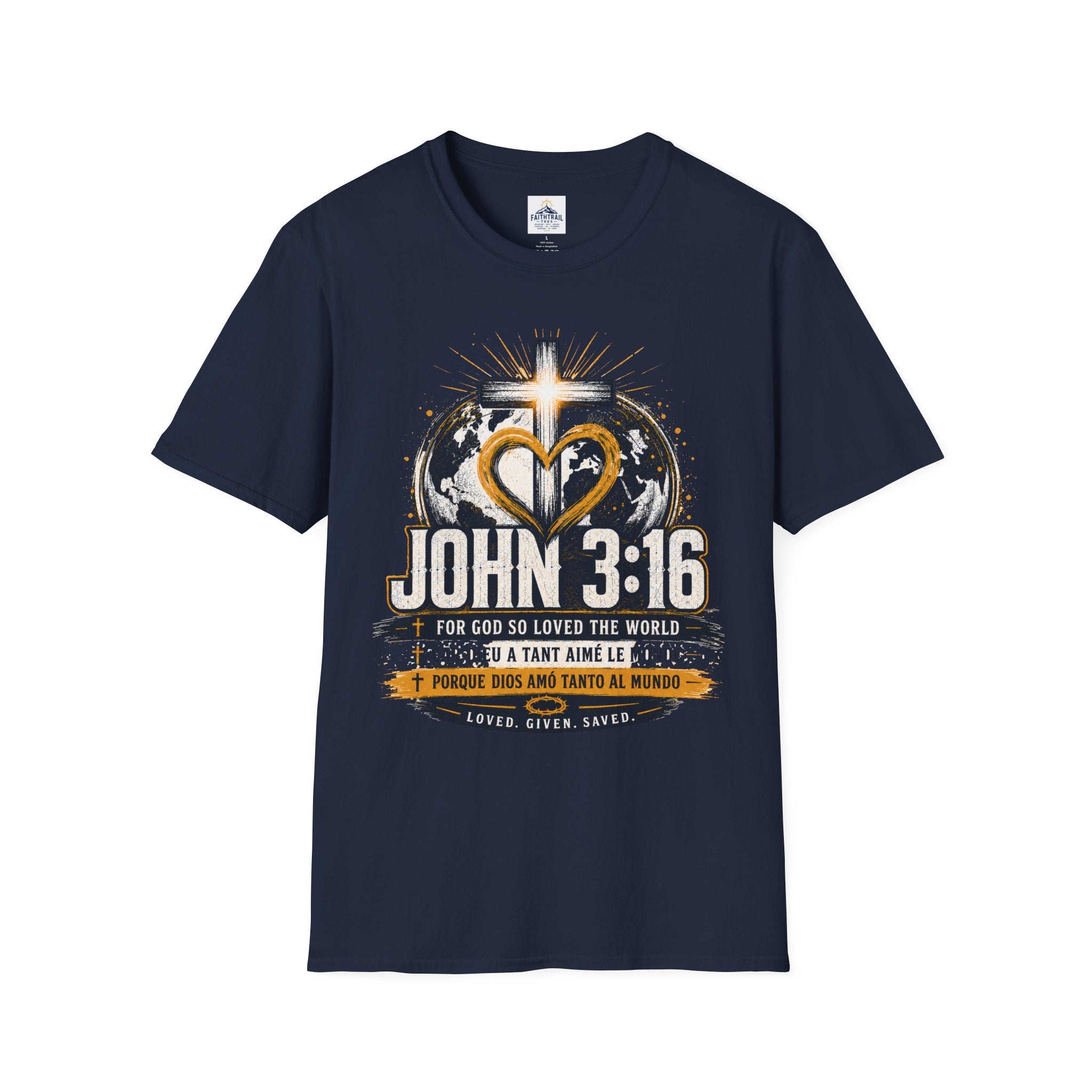 John 3:16 Christian Adult Unisex T-Shirt — Cross & Heart World Faith Tee