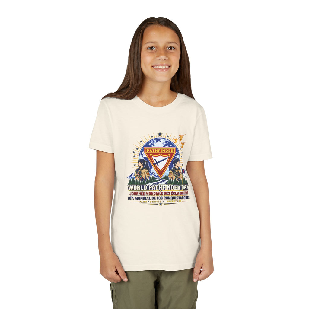 Youth Tee — World Pathfinder Day Badge Graphic (Trilingual)