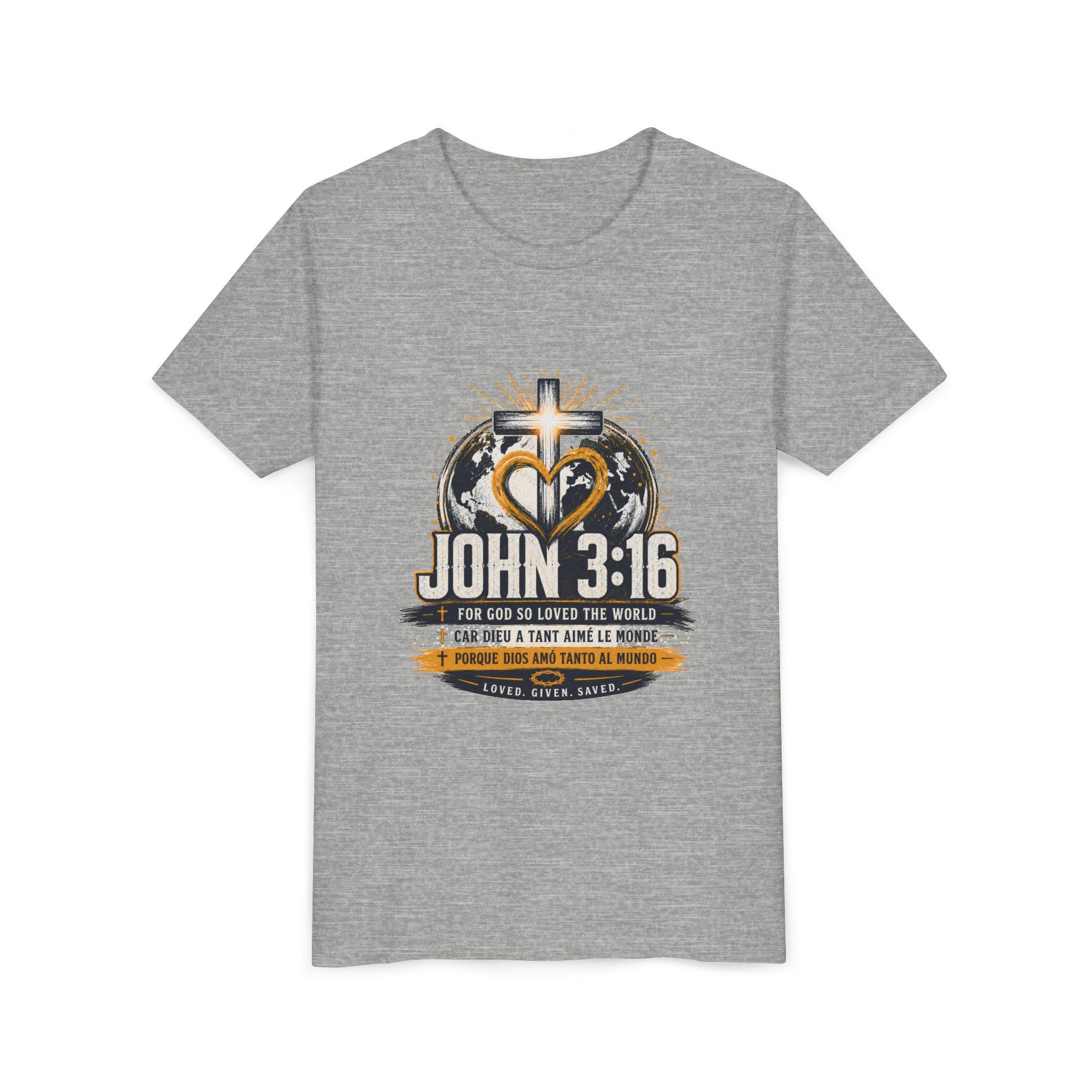 John 3:16 Youth Tee — Christian Inspirational Kids Shirt with Cross & Globe Design