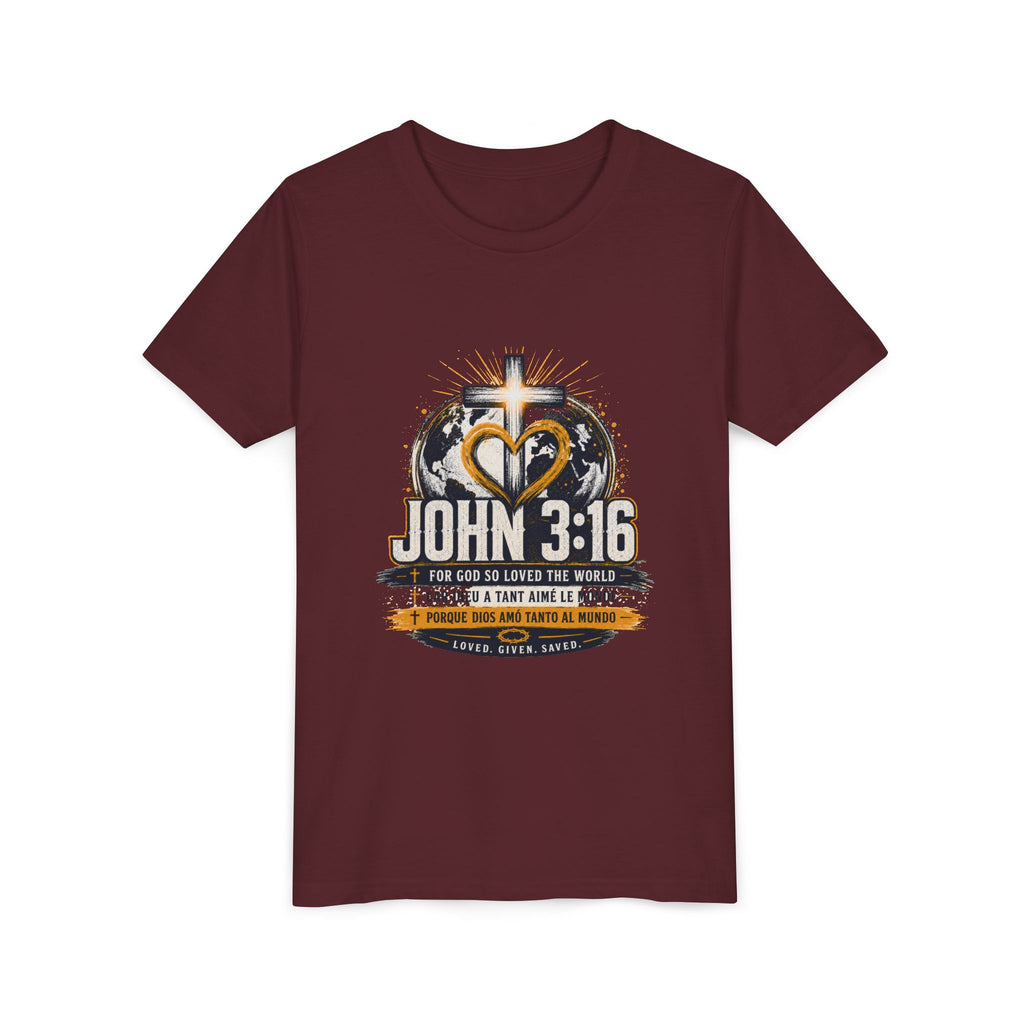 T-shirt pour jeune Jean 3:16 — T-shirt d'inspiration chrétienne pour enfants avec motif croix et globe