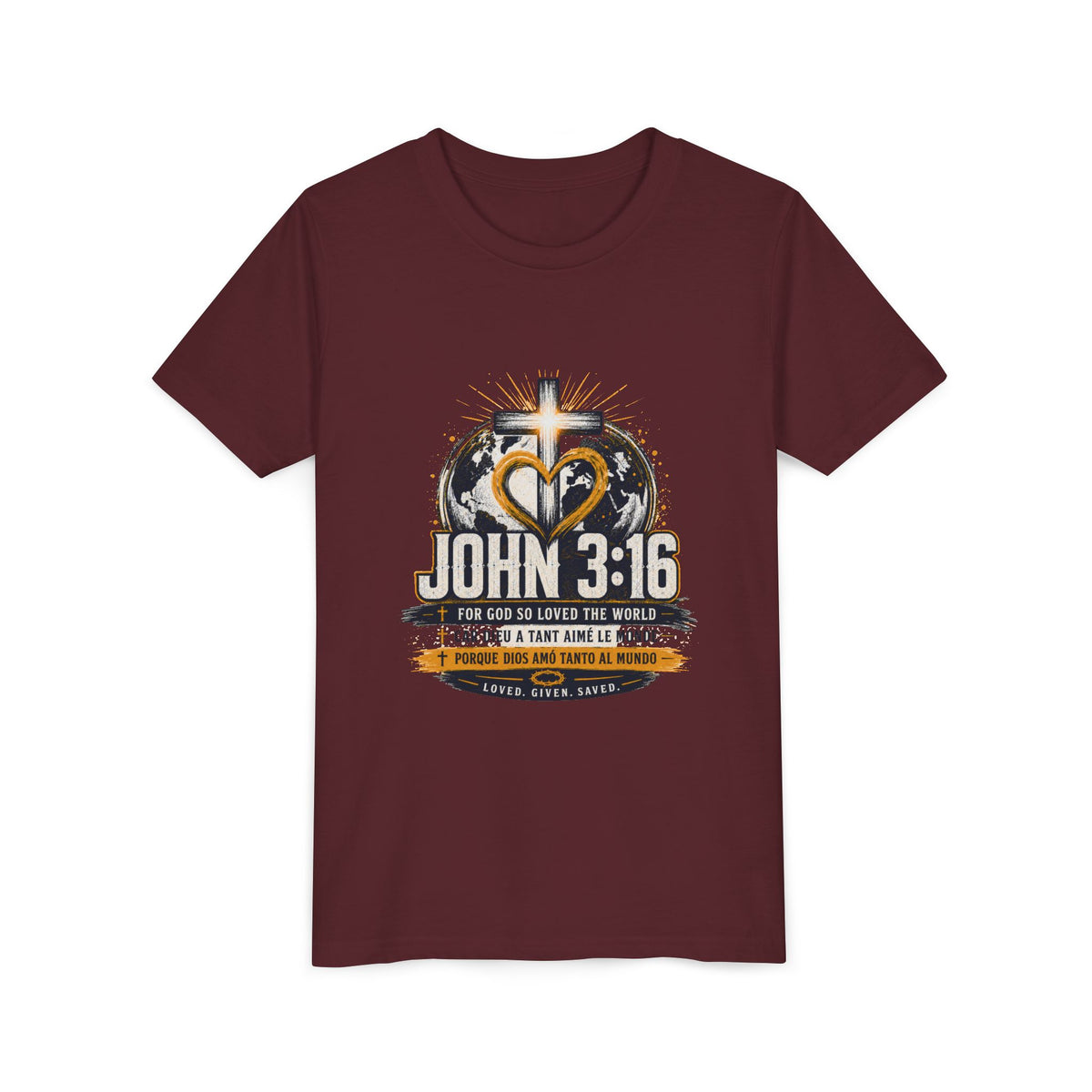 T-shirt pour jeune Jean 3:16 — T-shirt d'inspiration chrétienne pour enfants avec motif croix et globe
