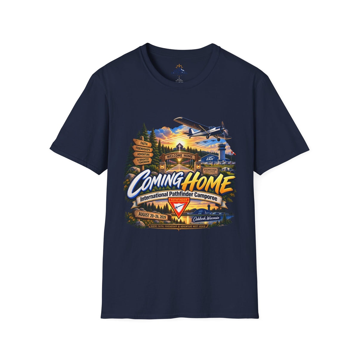 International Pathfinder Camporee 2029 (Stand Strong)- Coming Home T-Shirt — Vintage Airplane Sunset Travel Tee
