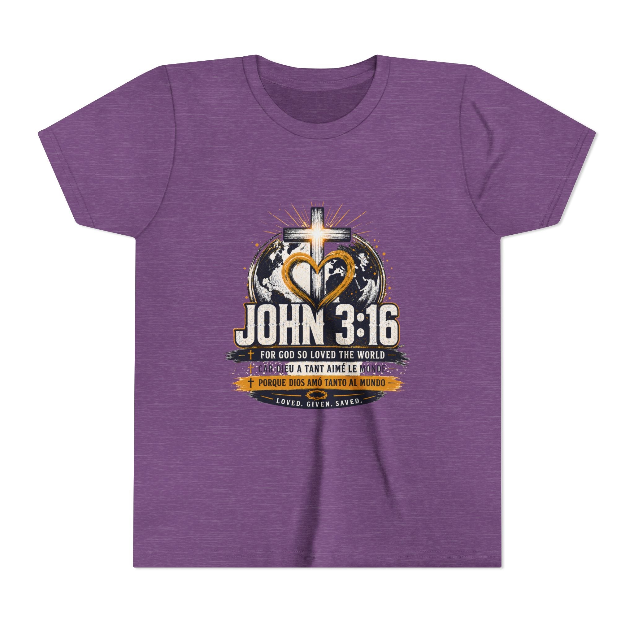 John 3:16 Youth Tee — Christian Inspirational Kids Shirt with Cross & Globe Design
