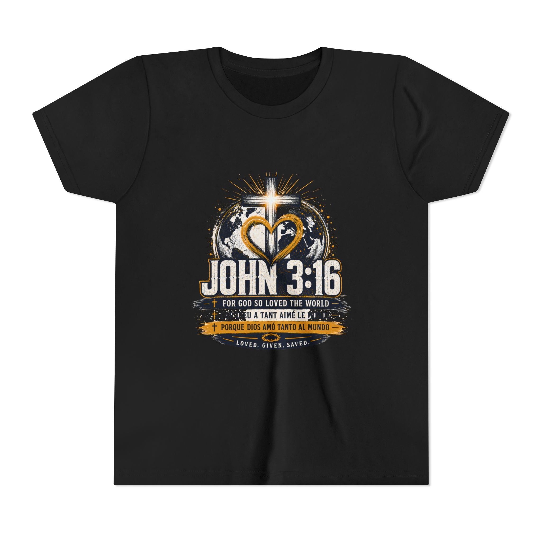 John 3:16 Youth Tee — Christian Inspirational Kids Shirt with Cross & Globe Design