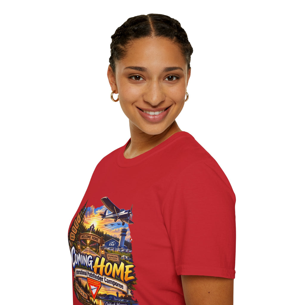 International Pathfinder Camporee 2029 (Stand Strong)- Coming Home T-Shirt — Vintage Airplane Sunset Travel Tee