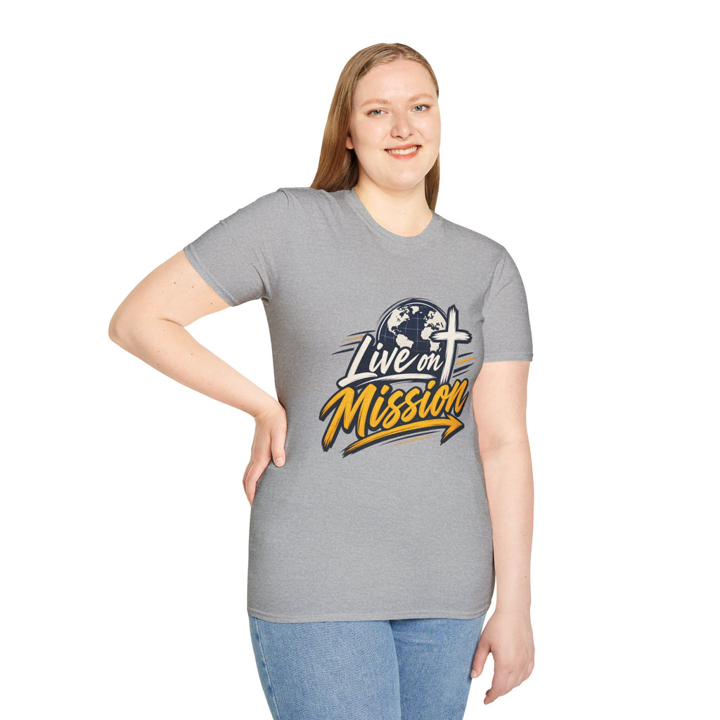 Live on Mission T-Shirt — Inspirational Christian Faith Tee with Globe & Cross Design