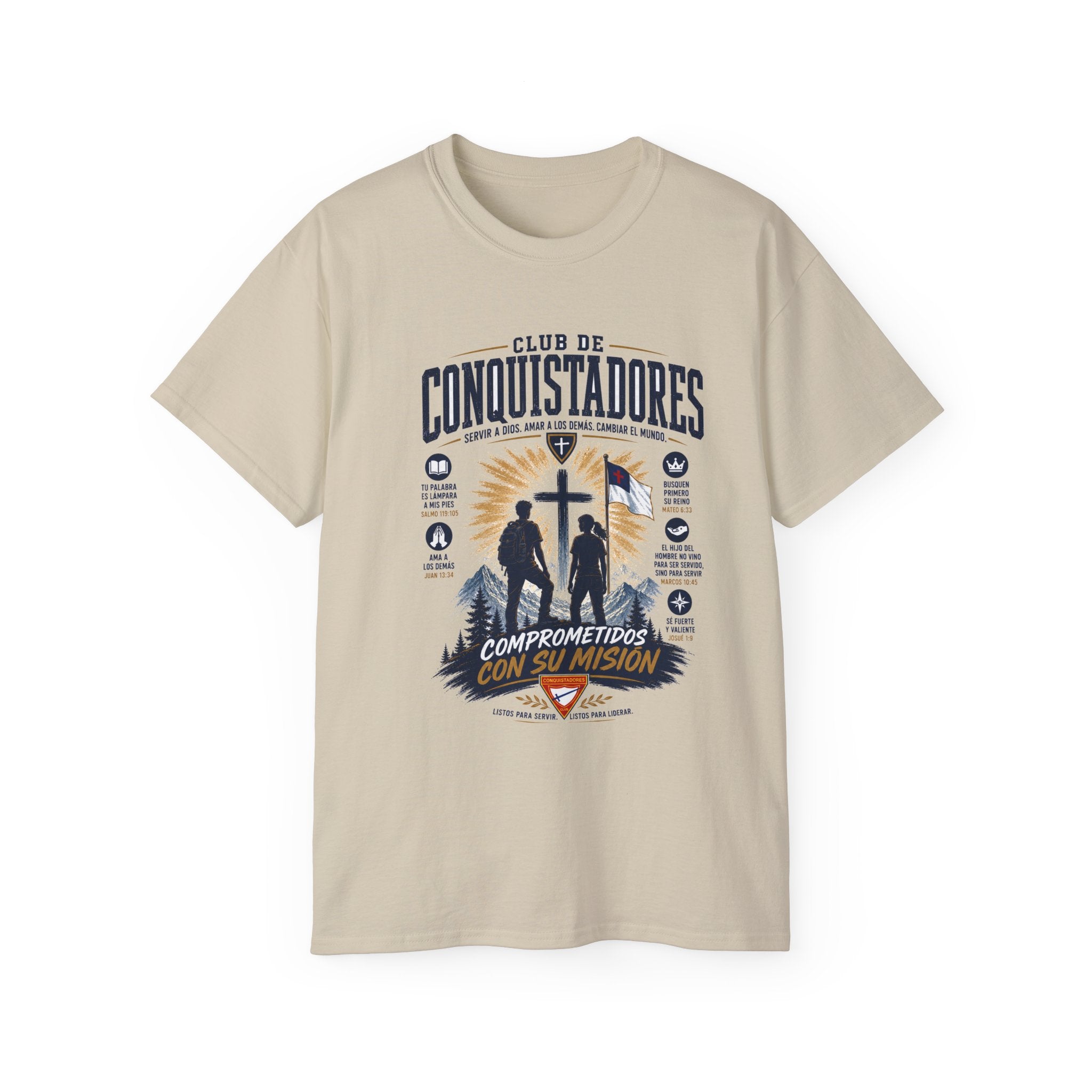 Conquistadores comprometido con su misión T-Shirt | Silueta de cruz cristiana, diseño de insignia de fe