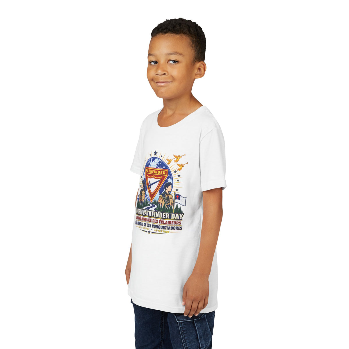 Youth Tee — World Pathfinder Day Badge Graphic (Trilingual)
