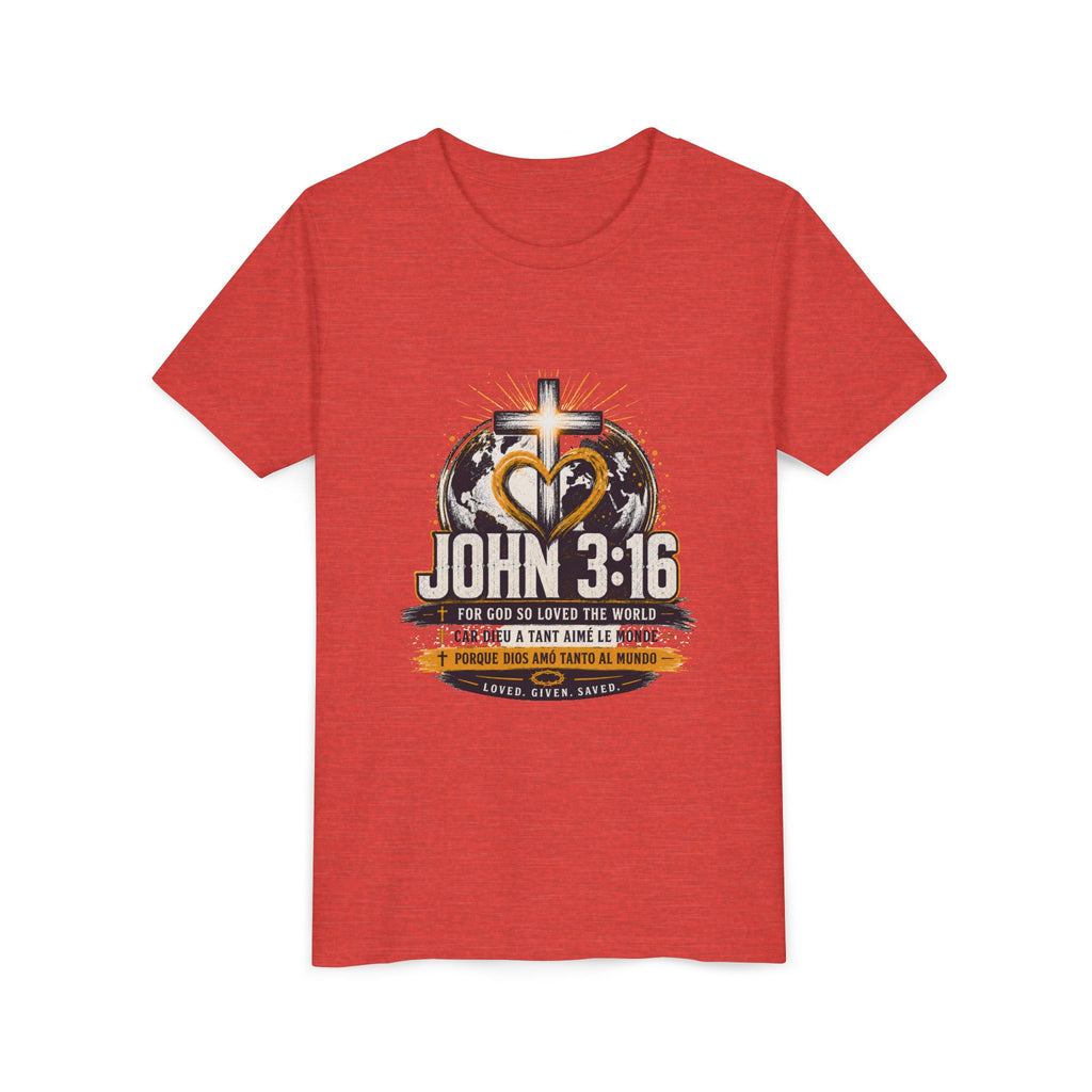 T-shirt pour jeune Jean 3:16 — T-shirt d'inspiration chrétienne pour enfants avec motif croix et globe