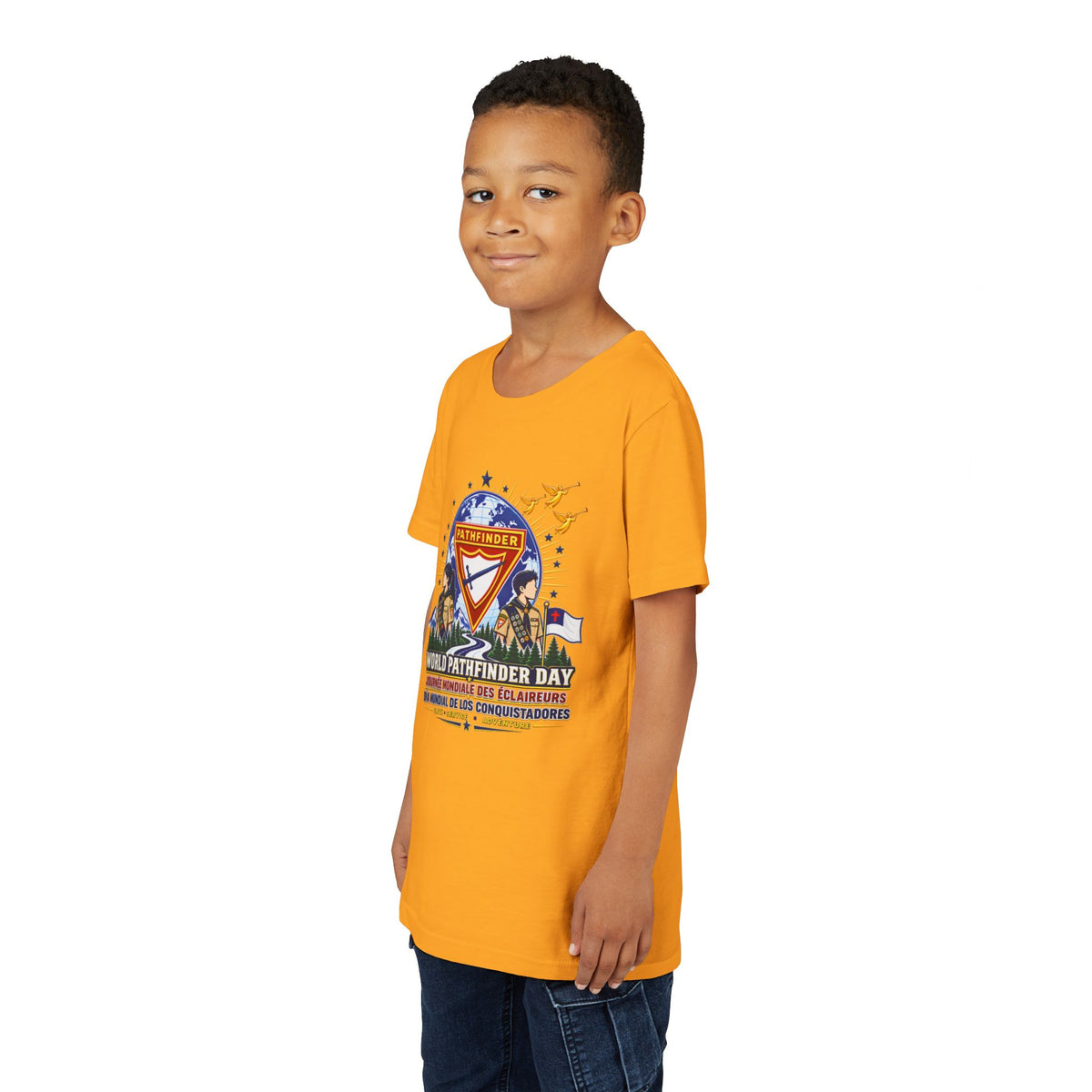 Youth Tee — World Pathfinder Day Badge Graphic (Trilingual)