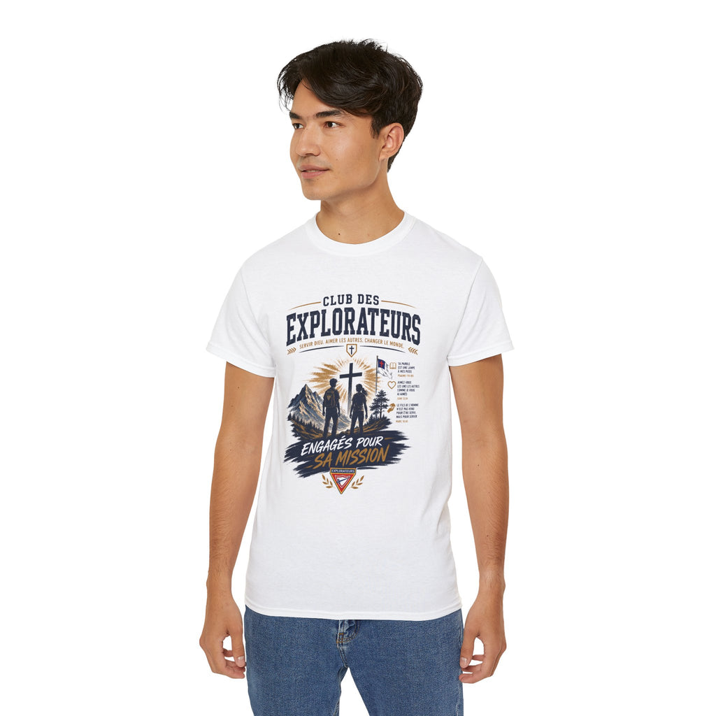 Explorers Committed to Their Mission T-shirt | Christian Cross Silhouette, Faith Badge Design