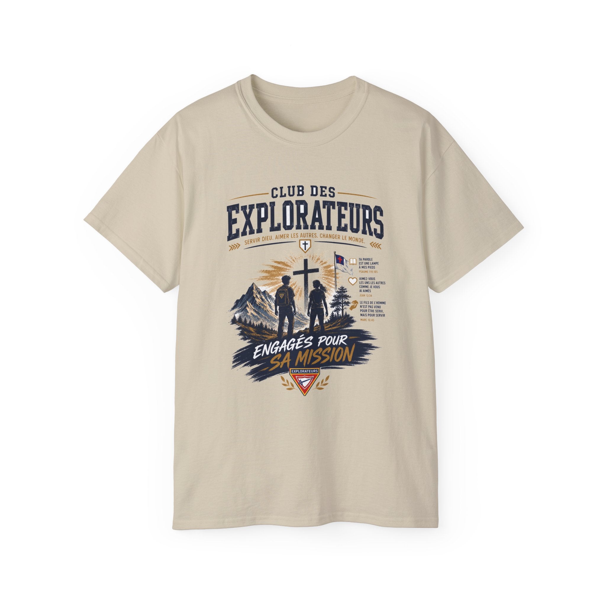 Explorateurs engagés dans leur mission T-shirt | Croix chrétienne silhouette, design d’insigne de foi