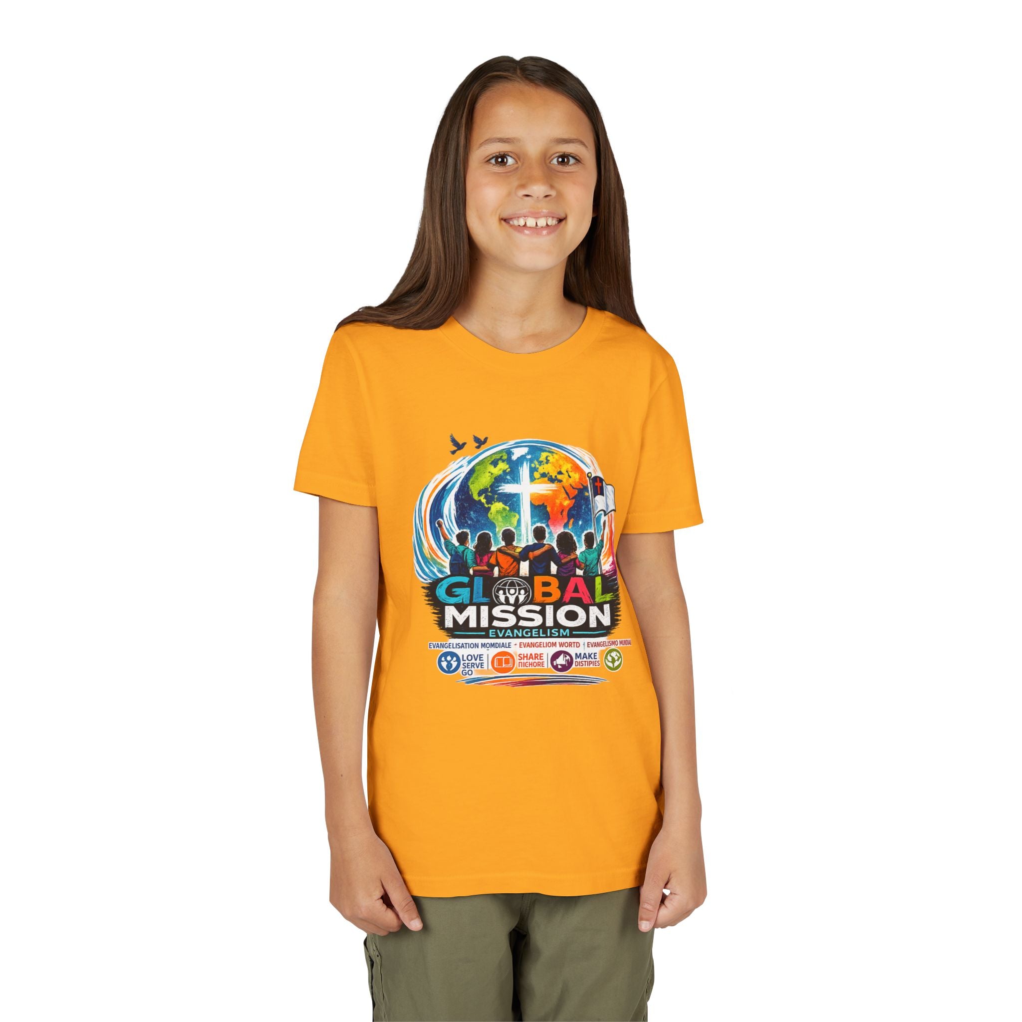 Youth Tee — Global Mission Kids Christian T‑Shirt with Cross & World Design
