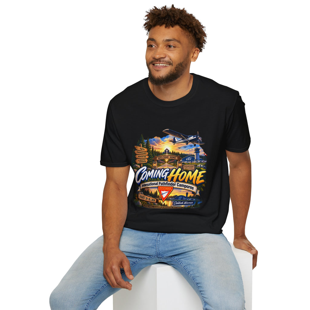 International Pathfinder Camporee 2029 (Stand Strong)- Coming Home T-Shirt — Vintage Airplane Sunset Travel Tee