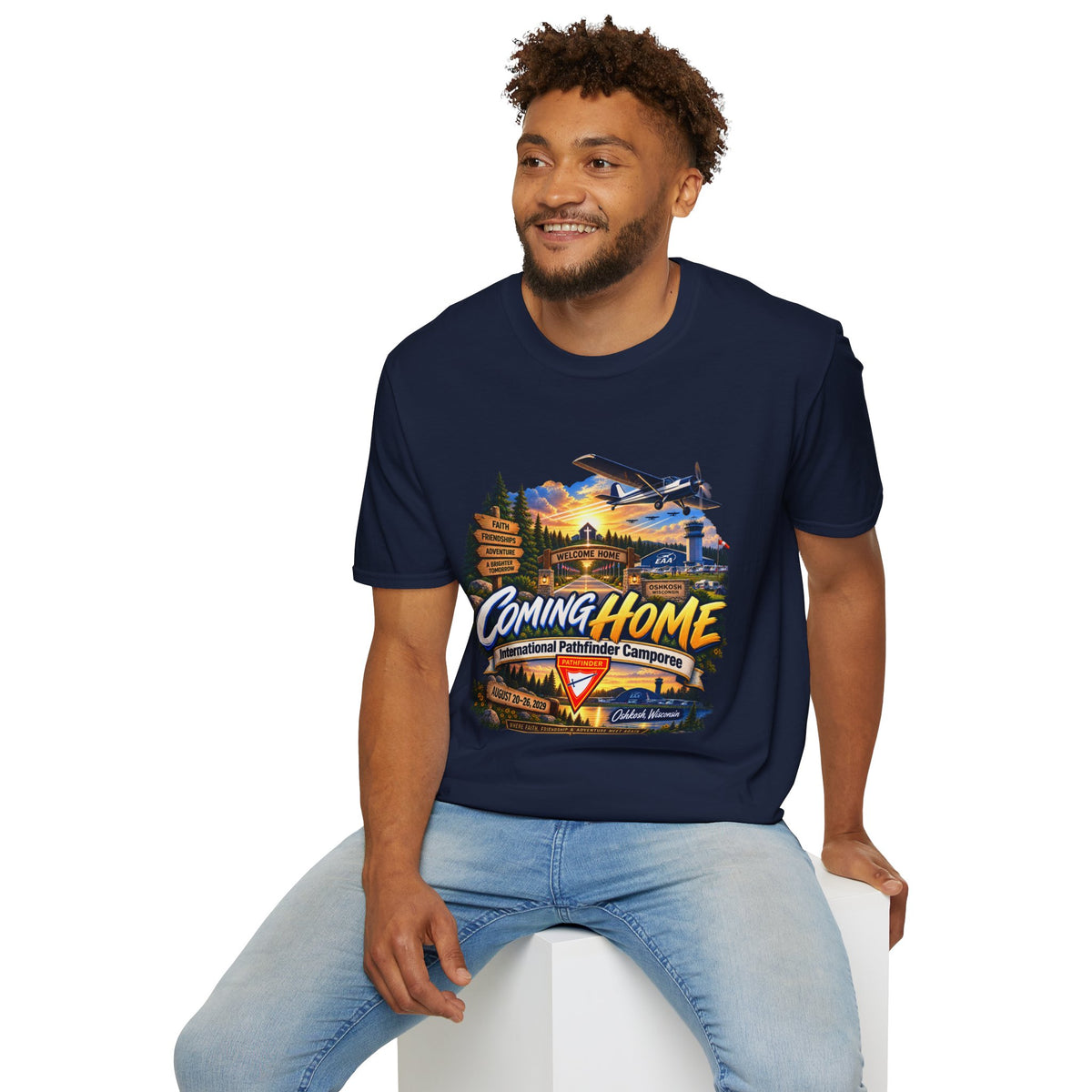 International Pathfinder Camporee 2029 (Stand Strong)- Coming Home T-Shirt — Vintage Airplane Sunset Travel Tee