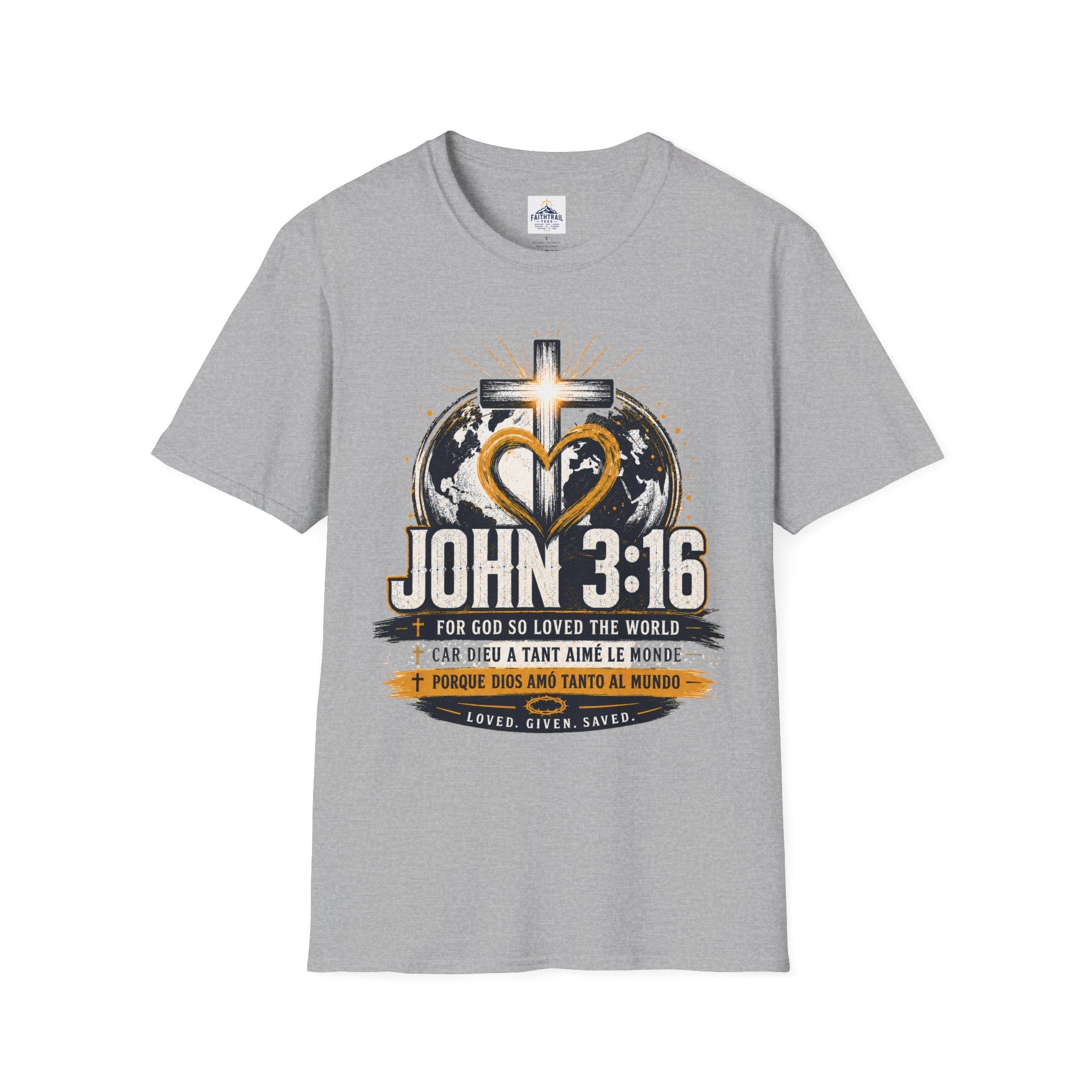 John 3:16 Christian Adult Unisex T-Shirt — Cross & Heart World Faith Tee